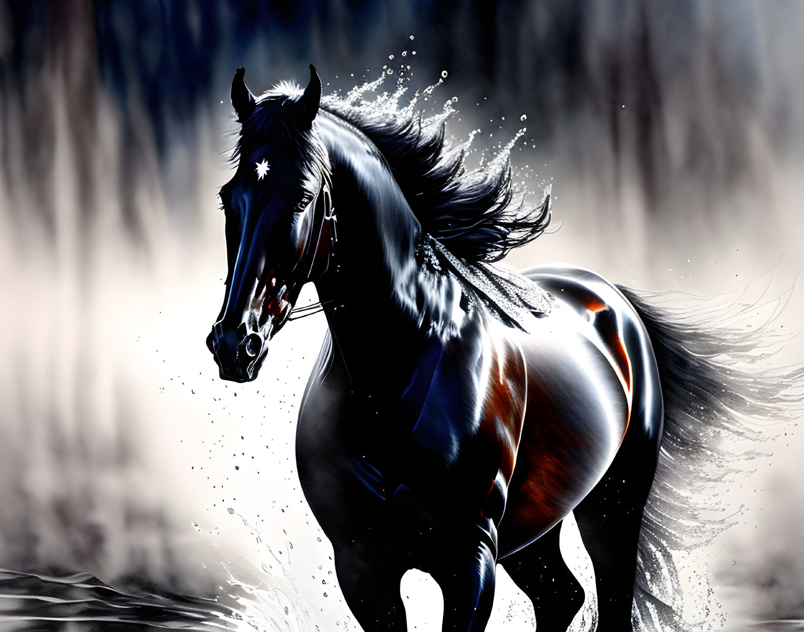 Majestic black horse galloping in water against forest backdrop