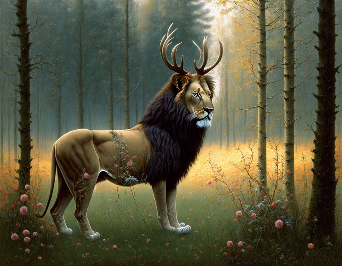 Majestic lion-bodied creature with deer antlers in misty forest