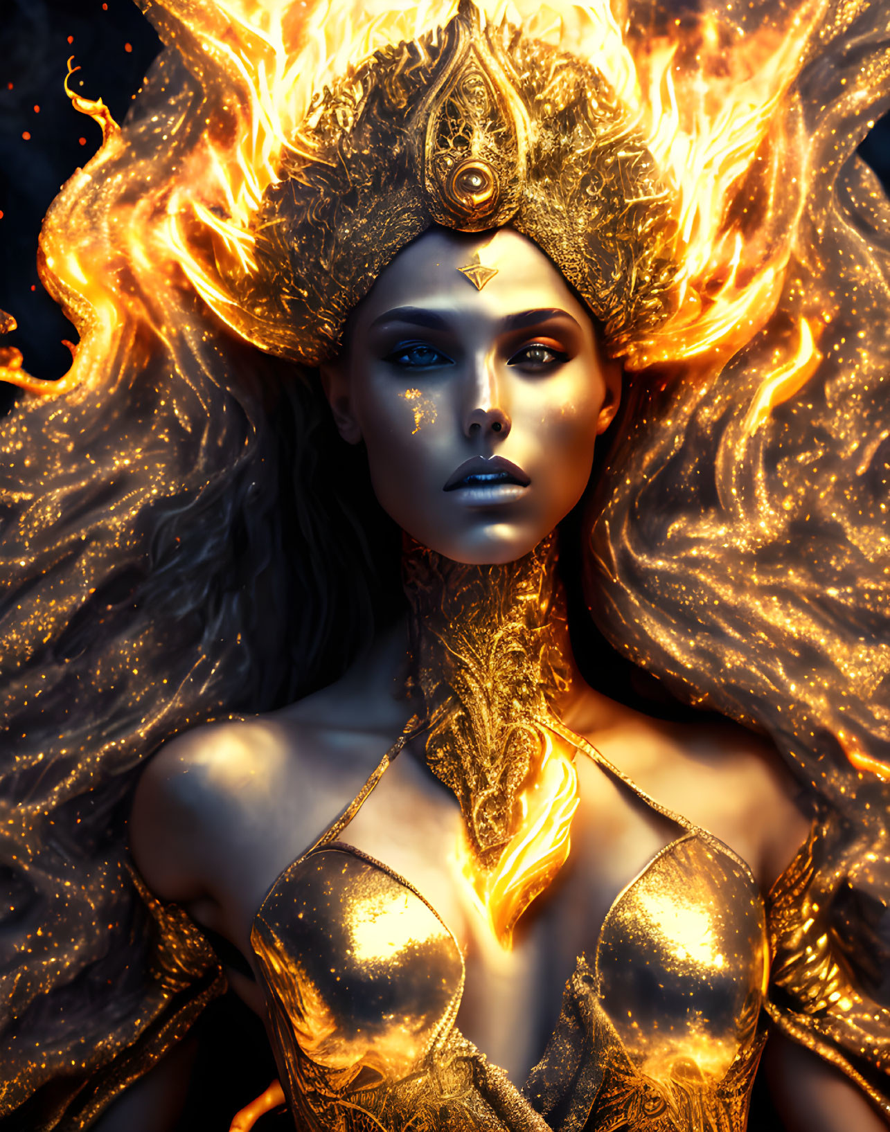 Woman with Golden Skin and Flames in Hair: Striking Image of Ornate Headgear