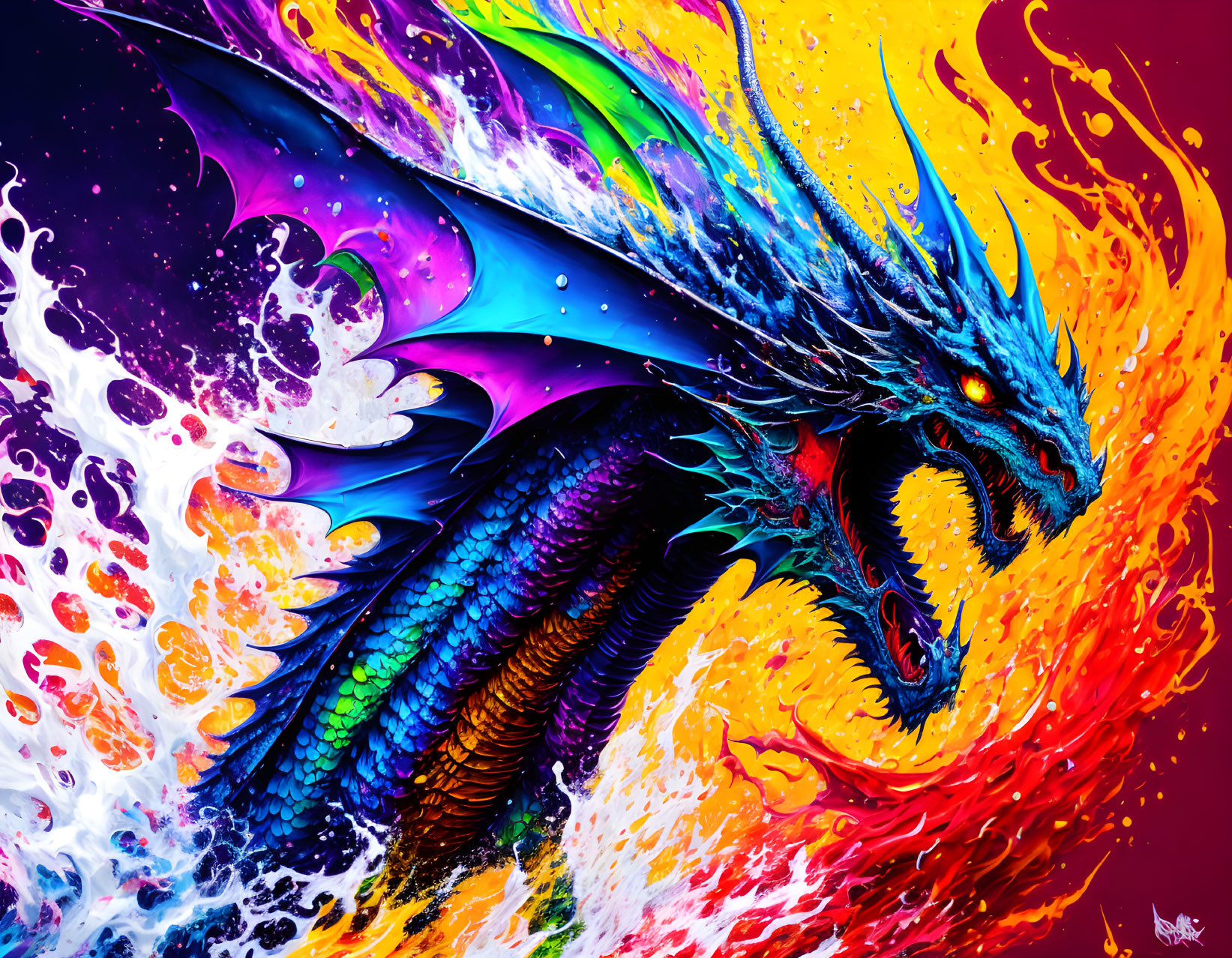 Vivid digital artwork: Dragon with iridescent scales, fiery red and cool blue liquid swirls