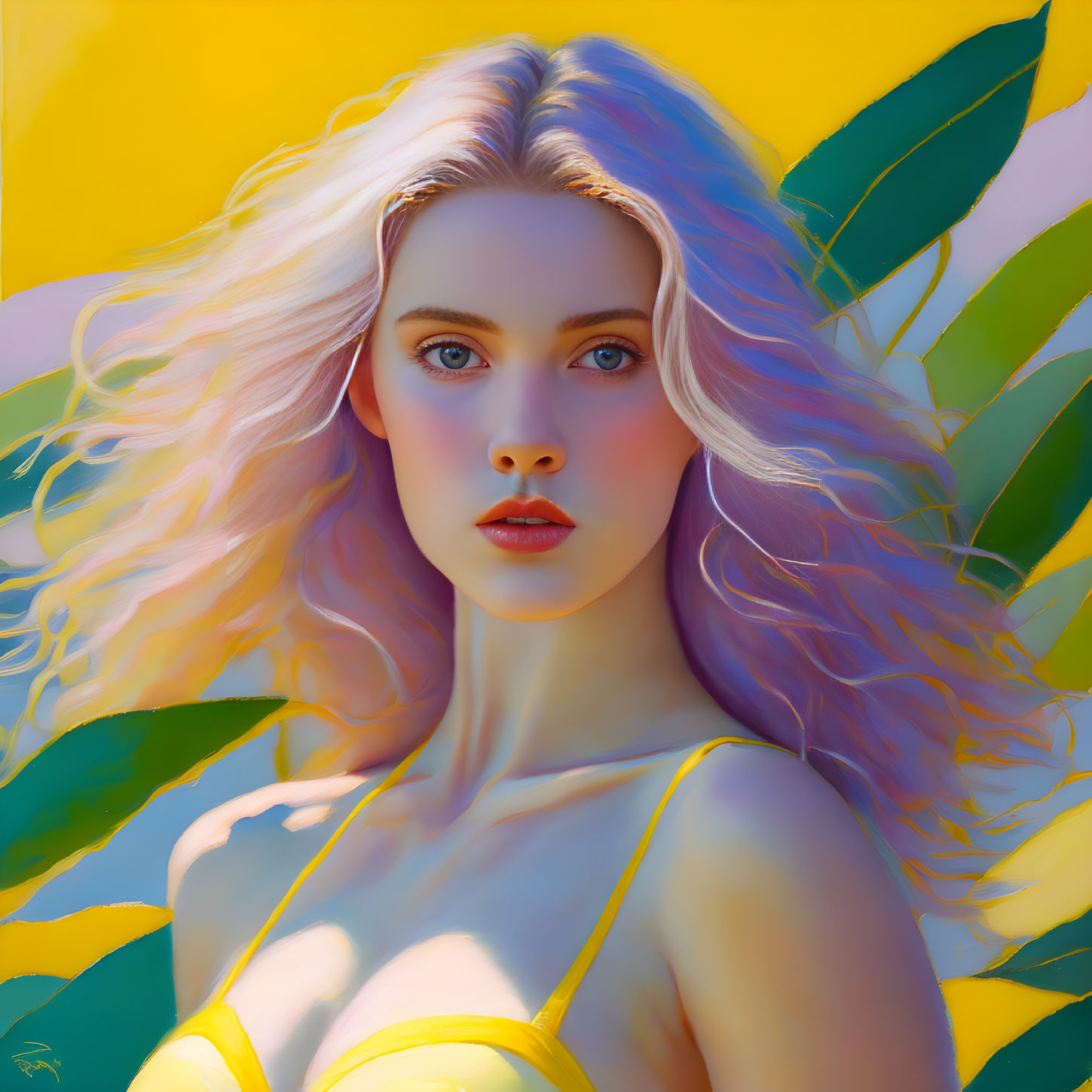 Digital artwork featuring woman with blonde hair and blue eyes among yellow leaves