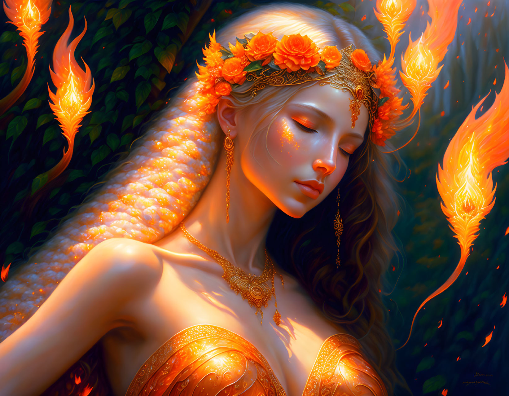 Digital artwork: Woman with floral crown and golden attire in fantasy setting