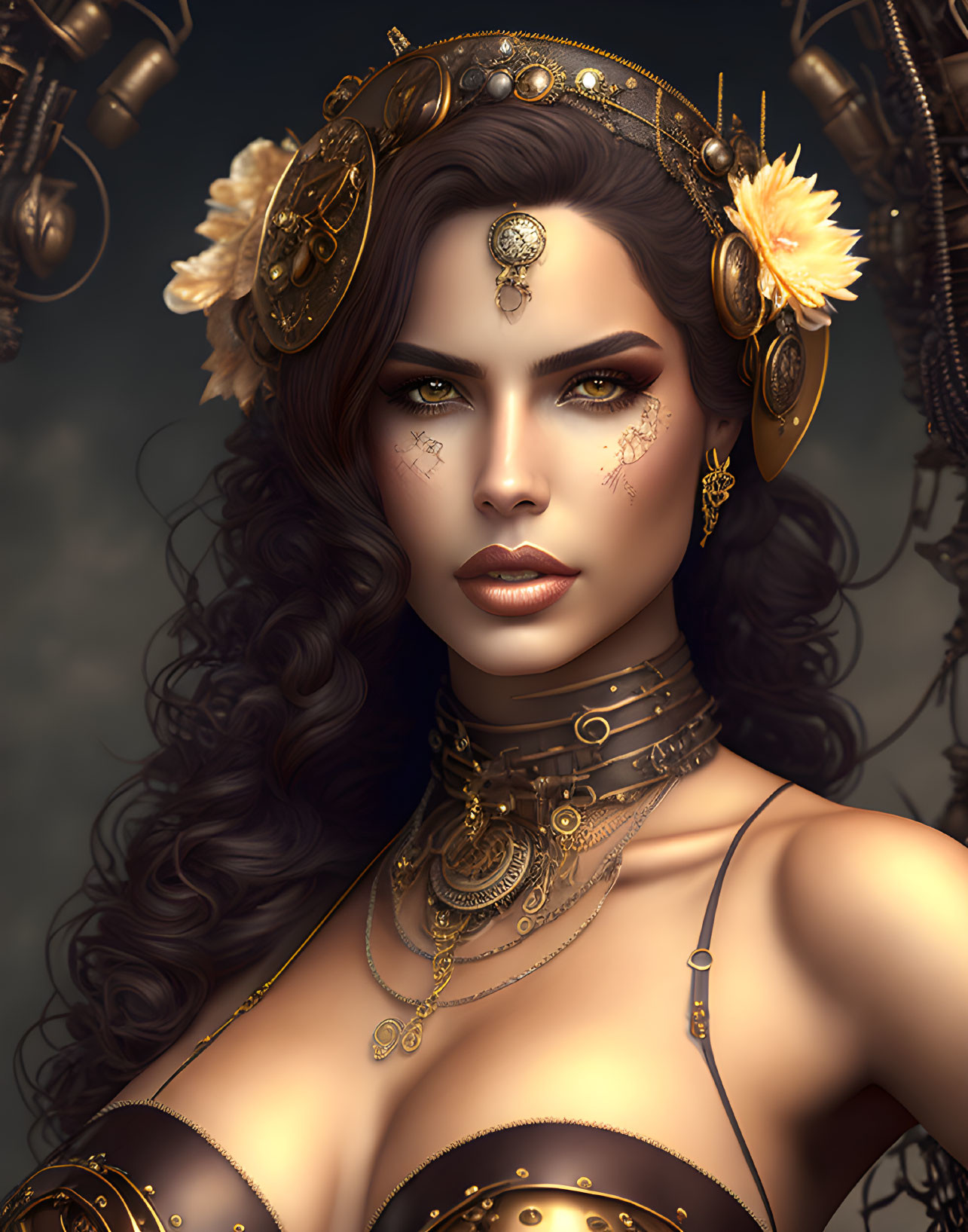 Digital art portrait of woman with golden jewelry, dark hair, and bold makeup