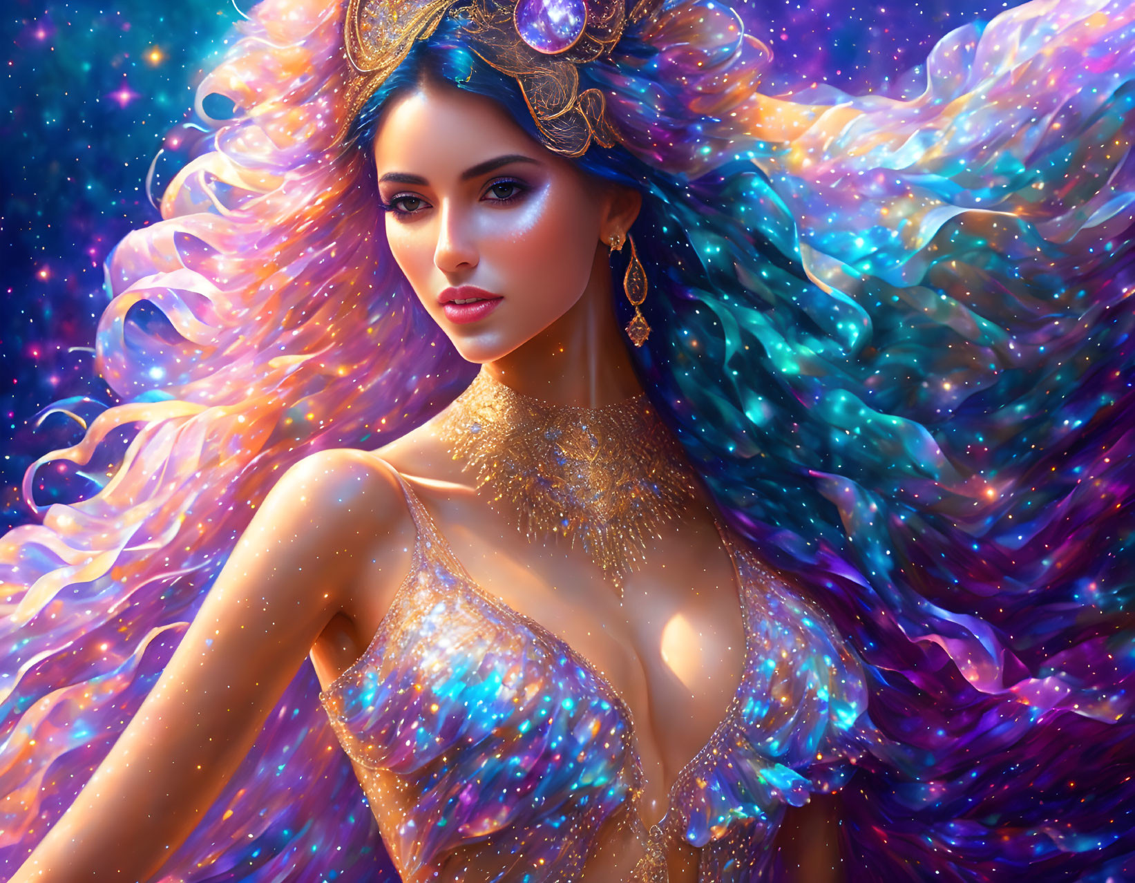 Cosmic-themed digital artwork of woman with star-infused hair and golden accessories.