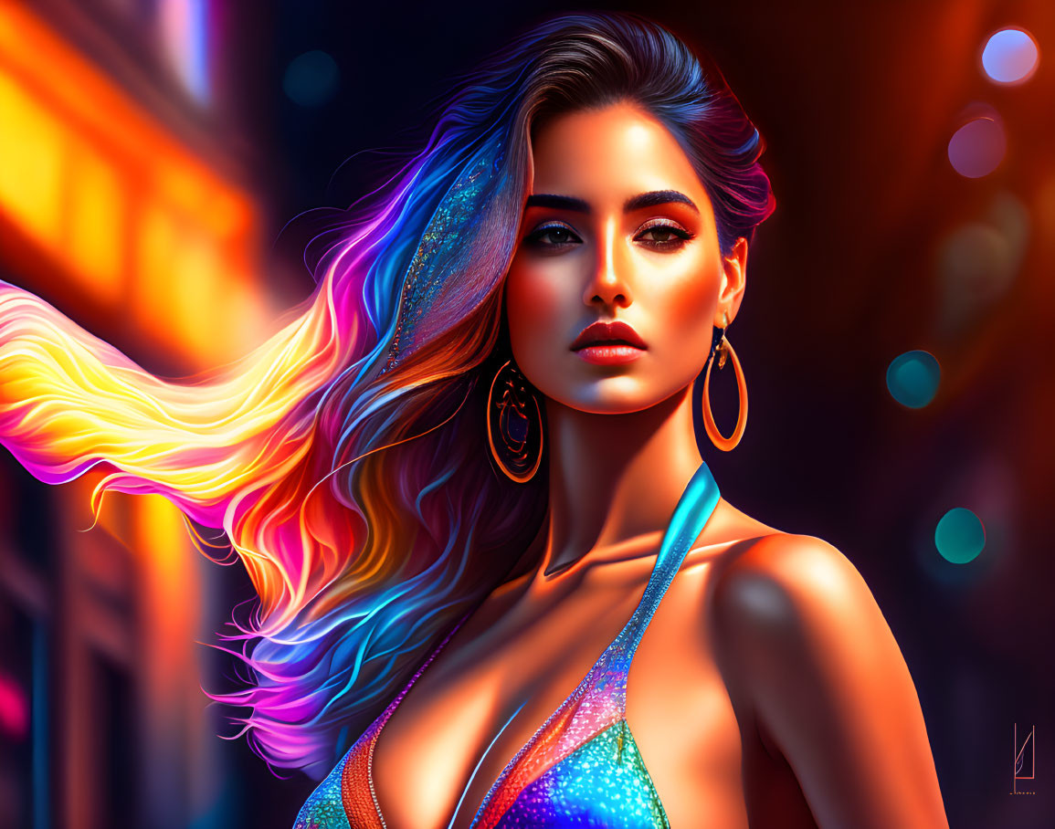 Vibrant woman with multicolored hair in glittery outfit against neon cityscape.