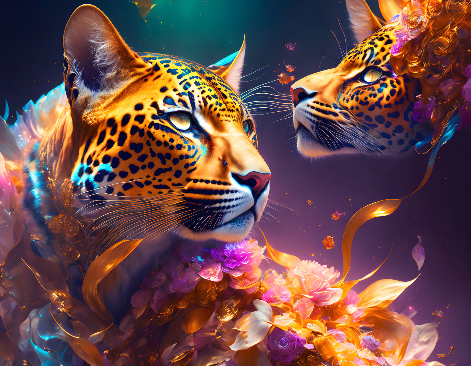 Vibrant leopard art with neon highlights and colorful flowers