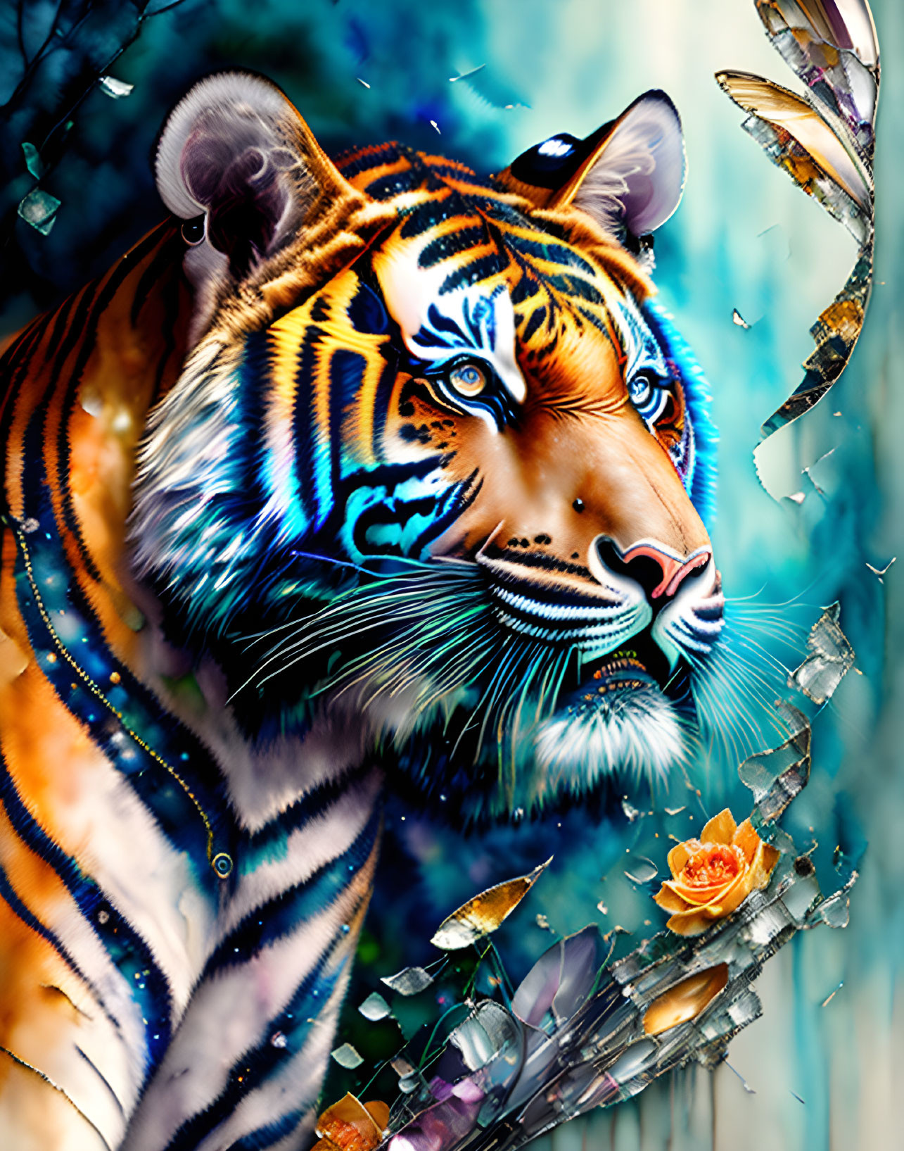 Colorful Tiger with Blue Eyes in Shattered Glass & Feathers on Teal Background