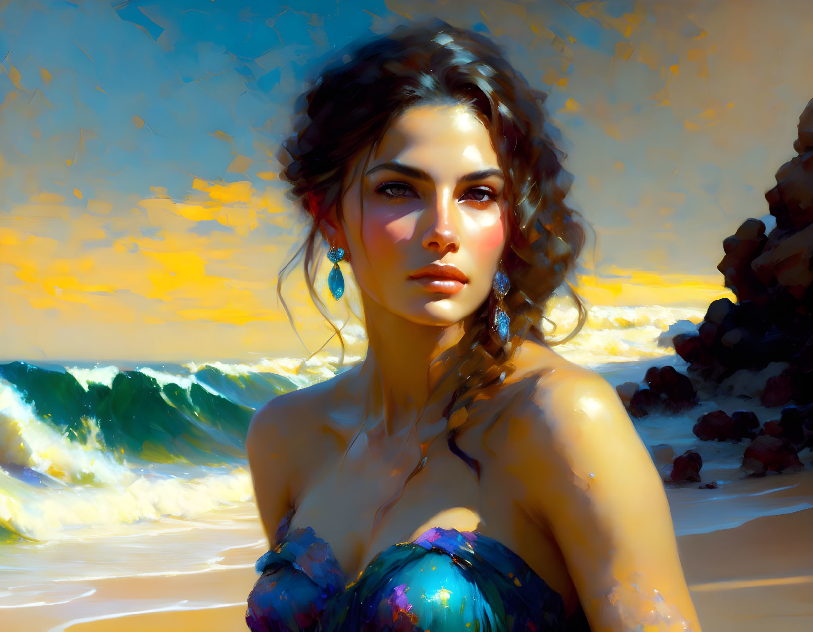 Woman portrait with wavy hair and earrings on beach with waves and rocks in warm light