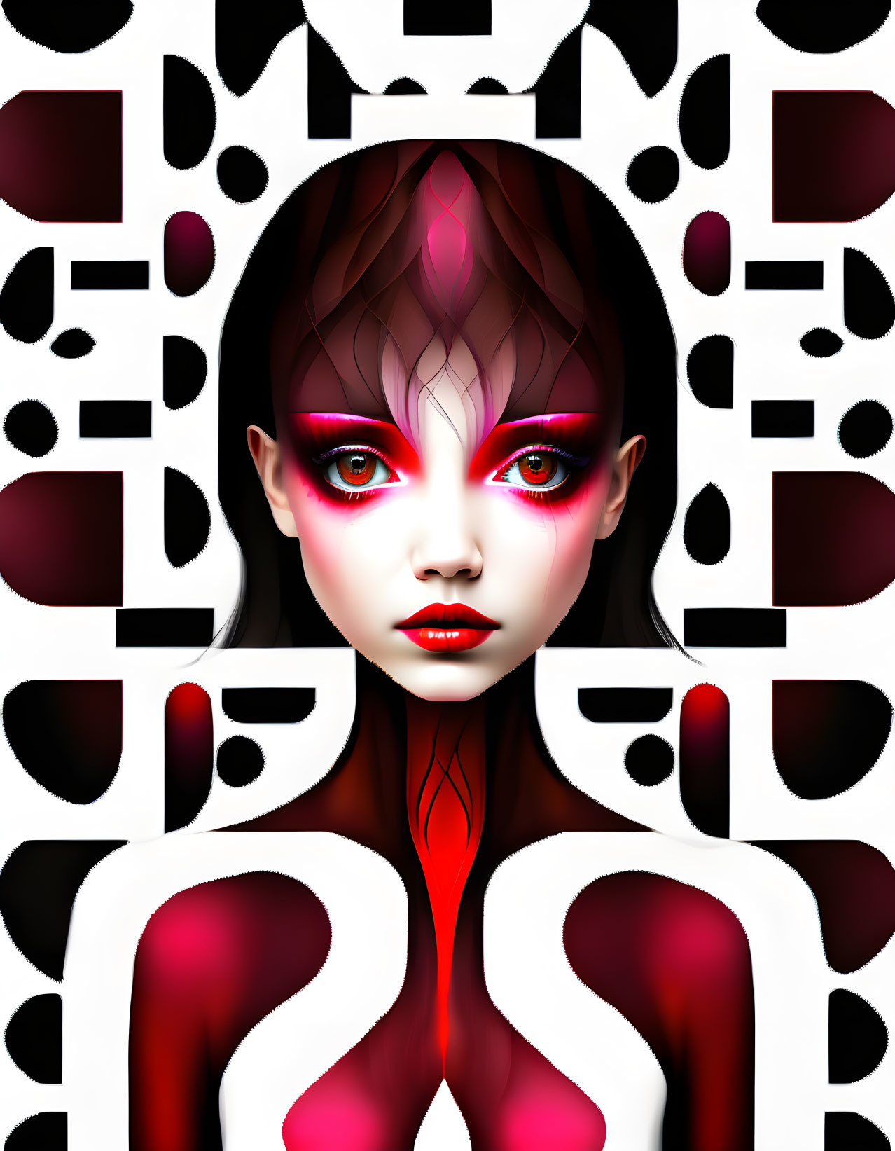 Stylized female figure with red eyes and abstract patterns