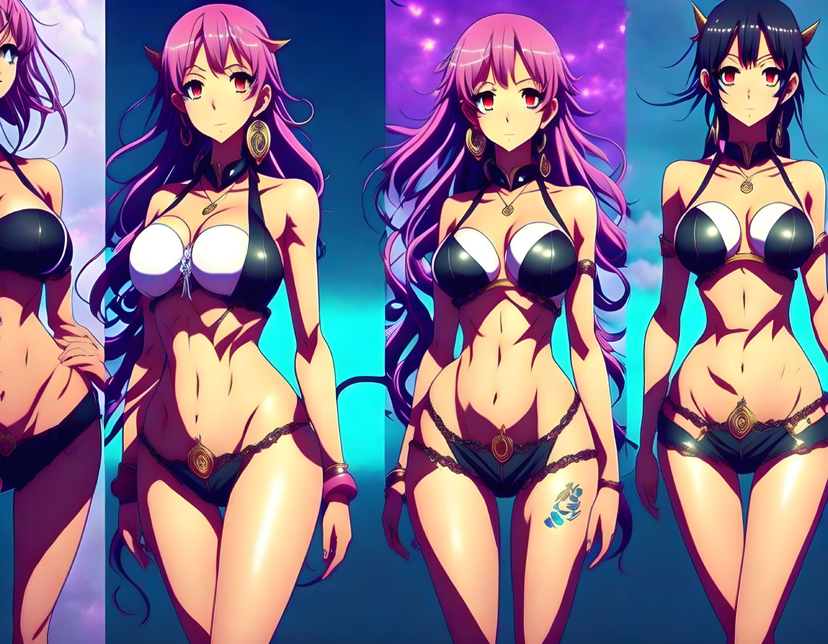 Four Anime-Style Female Characters in Purple Hair & Bikinis