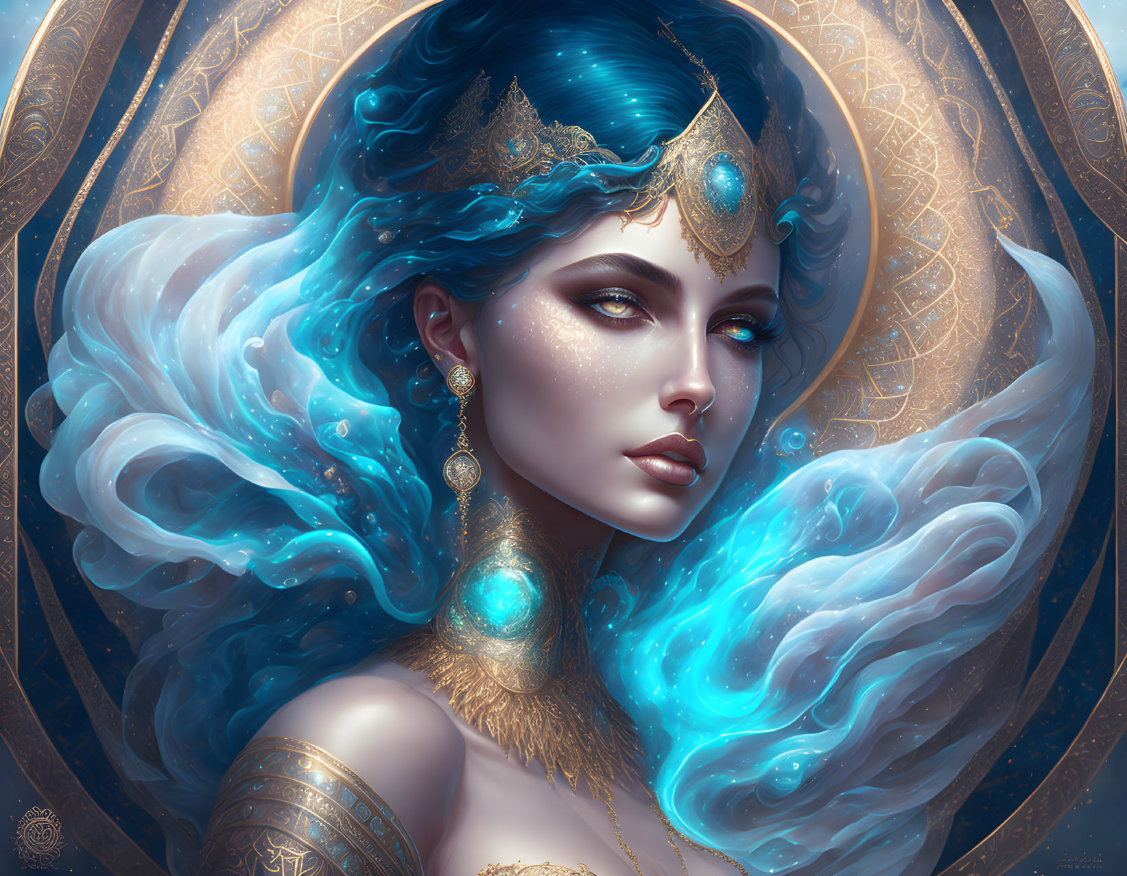 Fantastical female figure with blue hair and gold jewelry in golden mandala setting