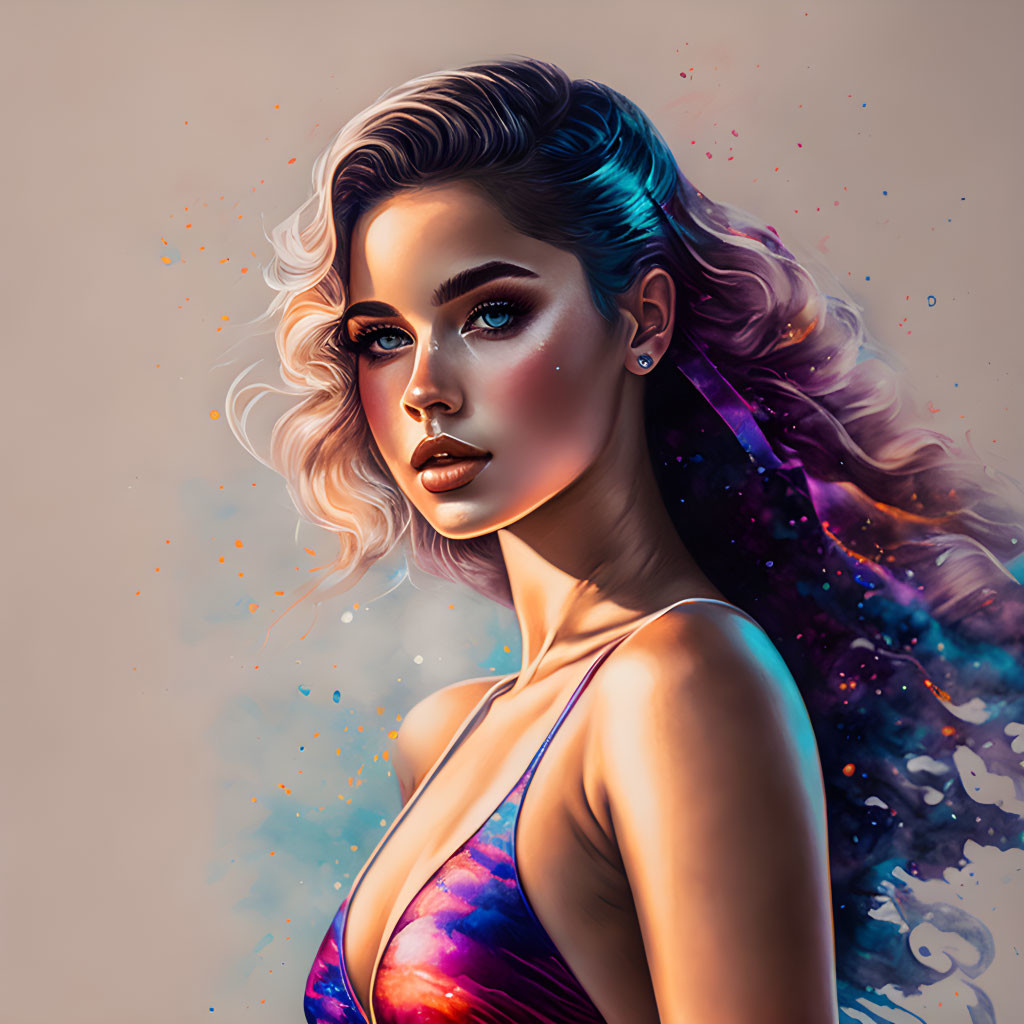 Vibrant cosmic-themed woman portrait with flowing hair on light background