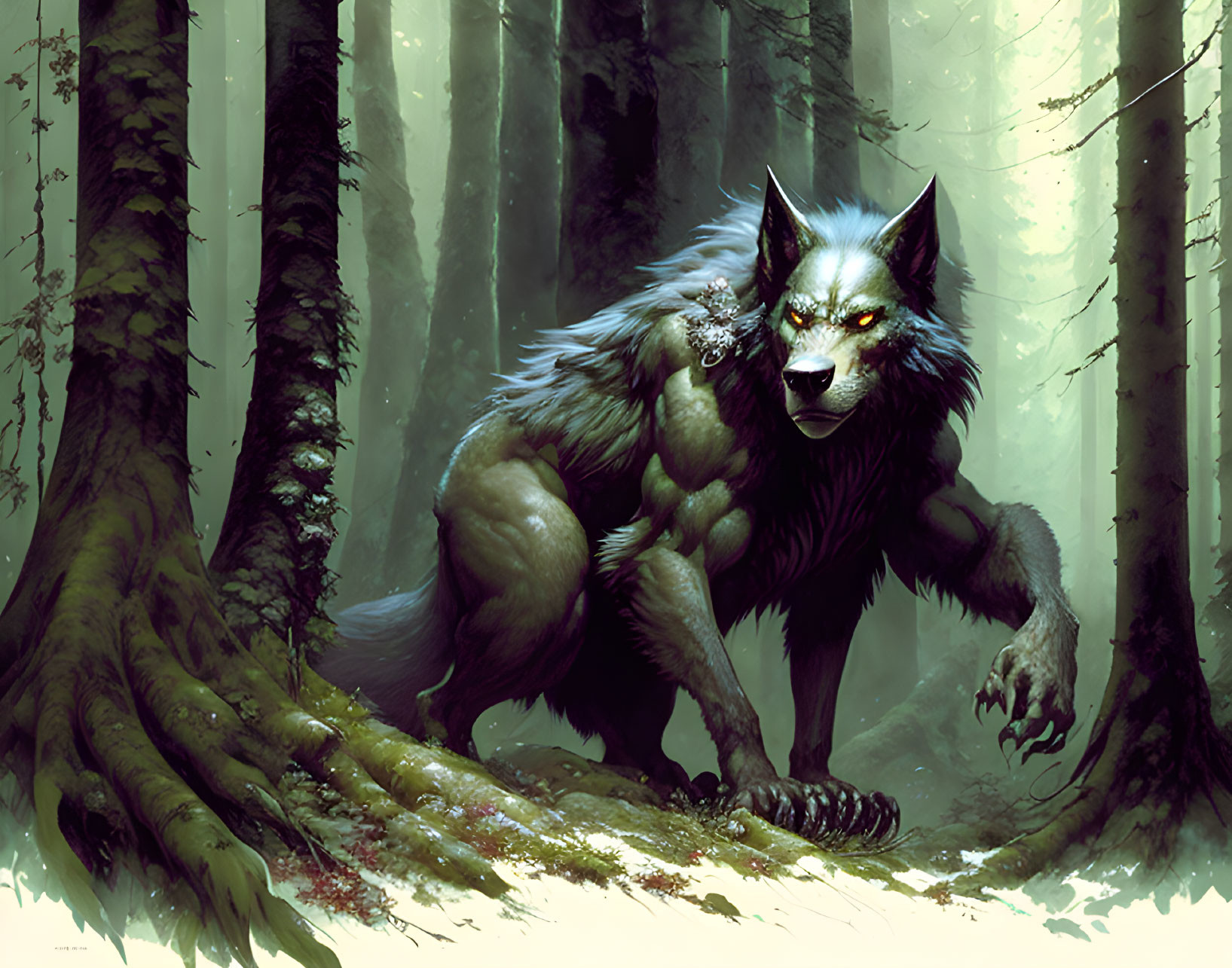 Menacing wolf in sunlit forest poised to lunge