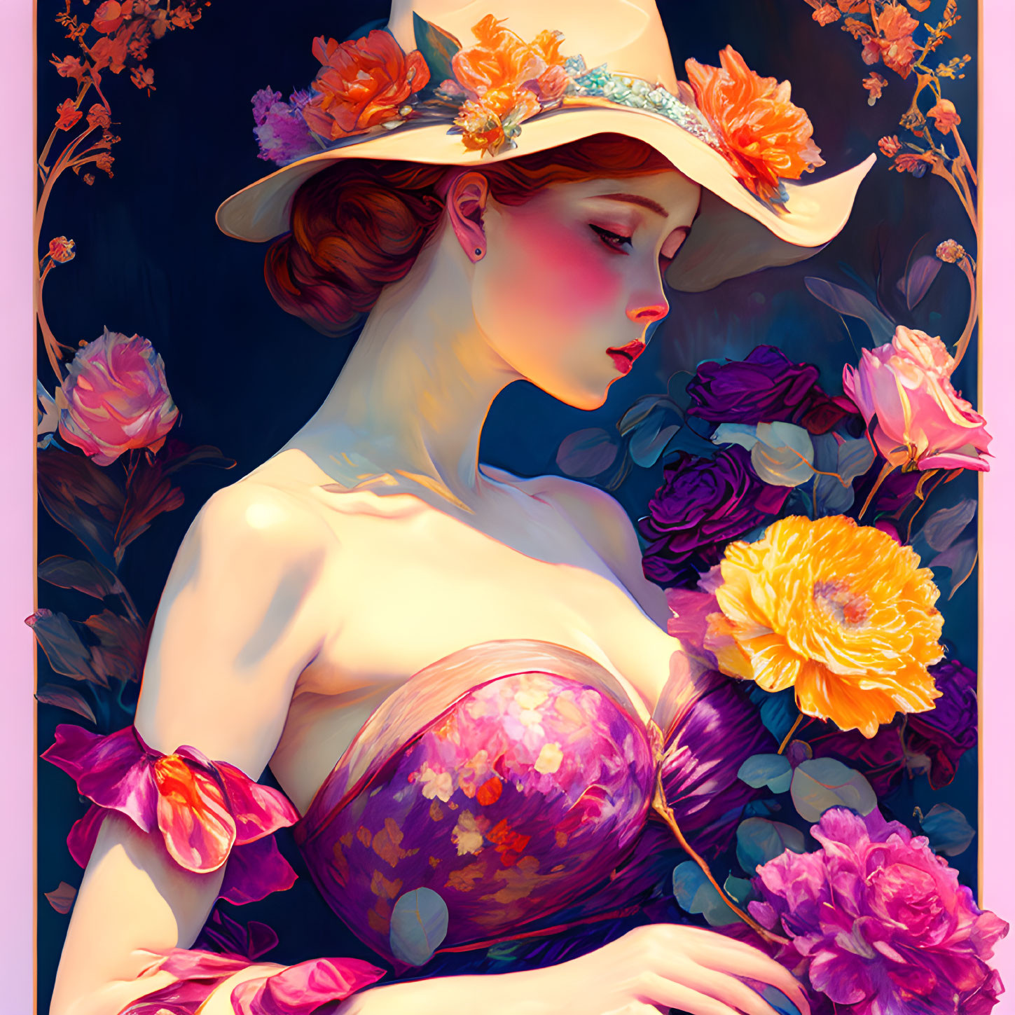 Illustration of woman in wide-brimmed hat with floral gown among vibrant roses