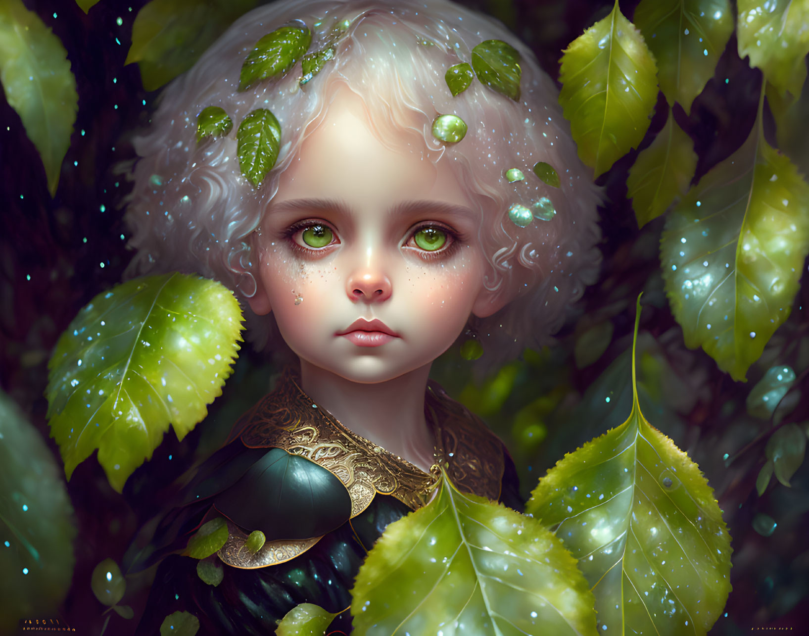 Child with Green Eyes Surrounded by Leaves and Dewdrops