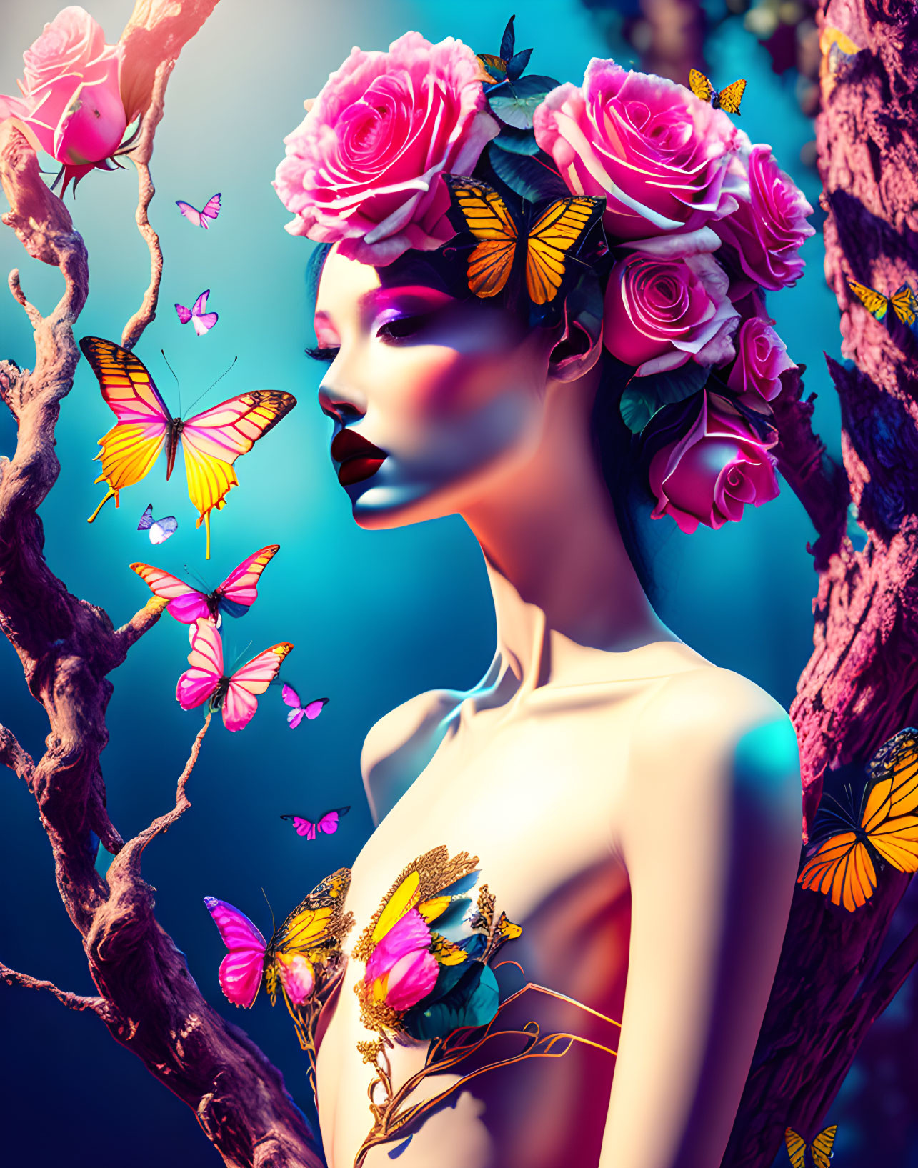 Surreal portrait of woman with pink roses and butterflies on teal backdrop