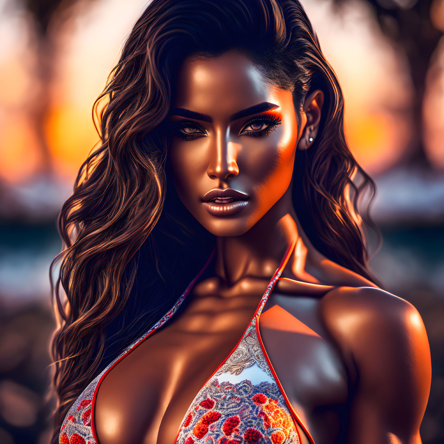 Voluminous curly hair and striking makeup on woman in ornate bikini