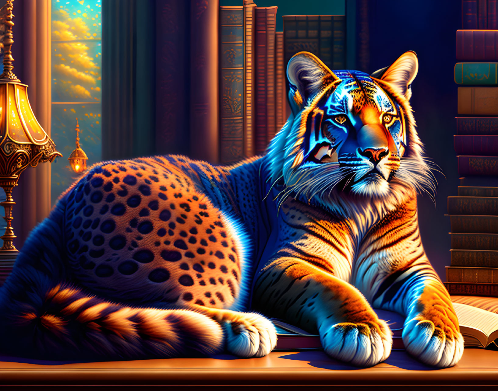 Majestic tiger among bookshelves in golden sunlight