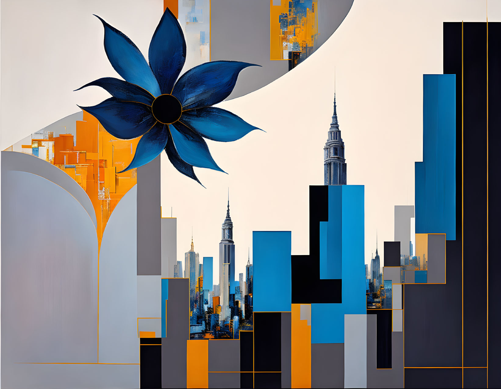 Blue and Orange Geometric Cityscape with Flower and Skyline