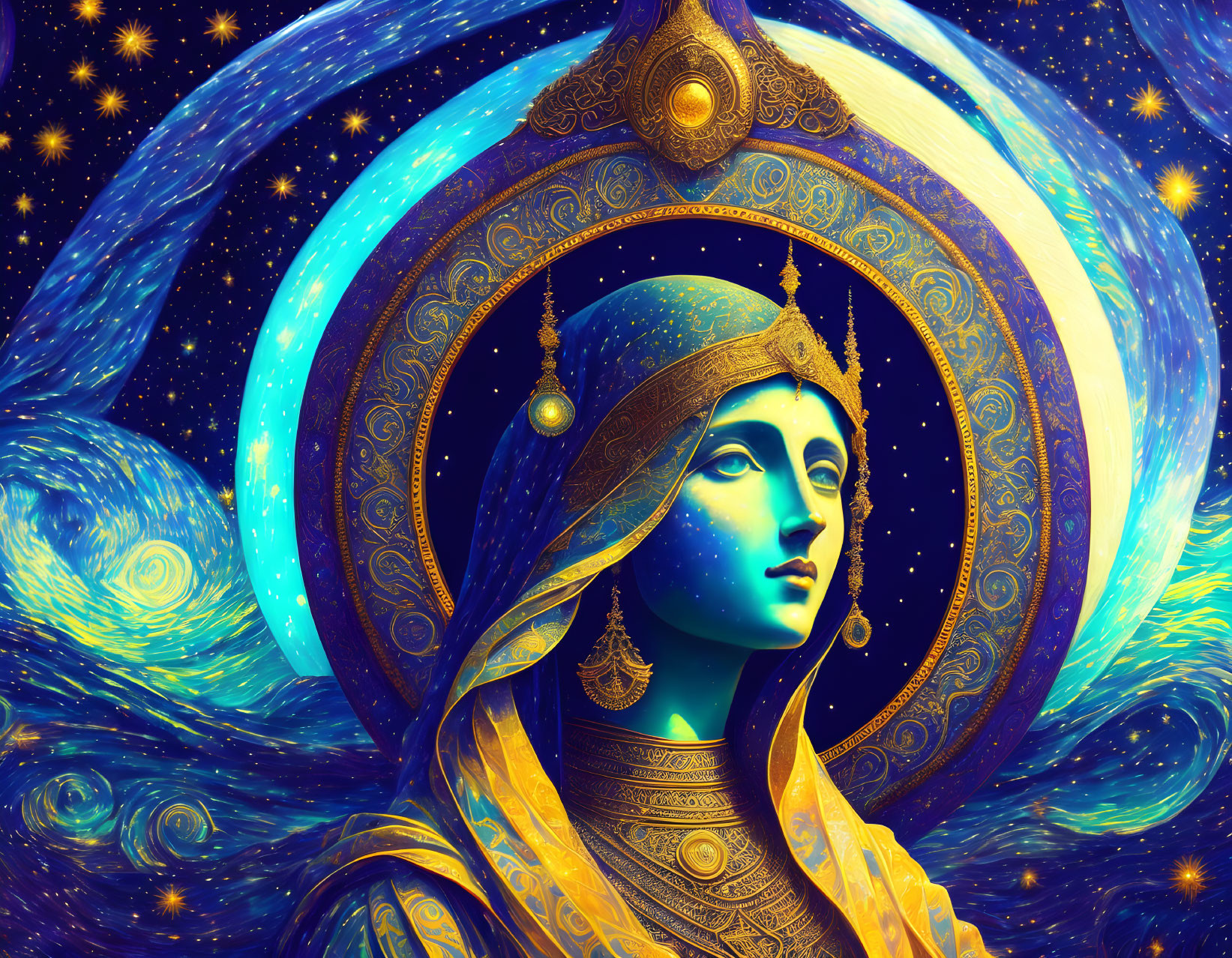 Detailed blue-skinned woman in golden attire against cosmic backdrop