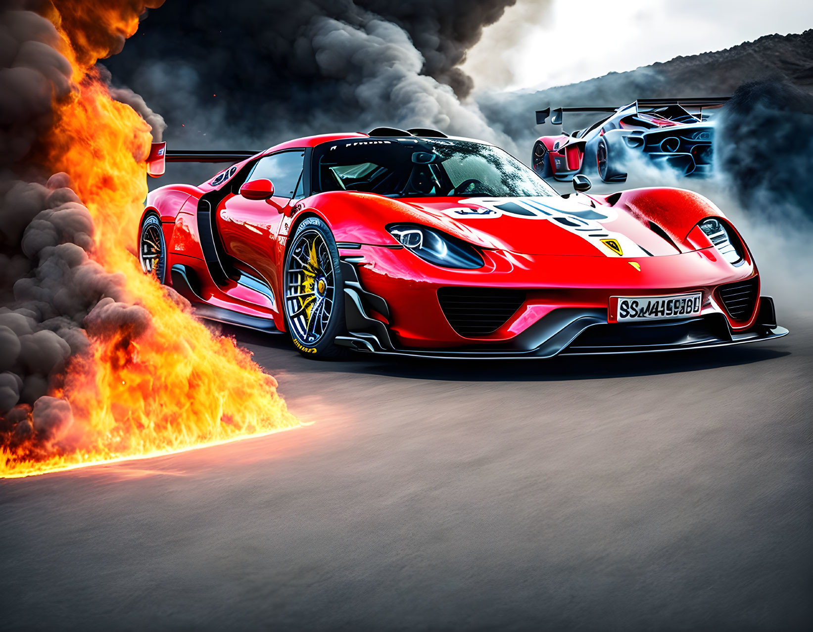 Red Ferrari sports car on racetrack with fire and smoke, reflecting another car.