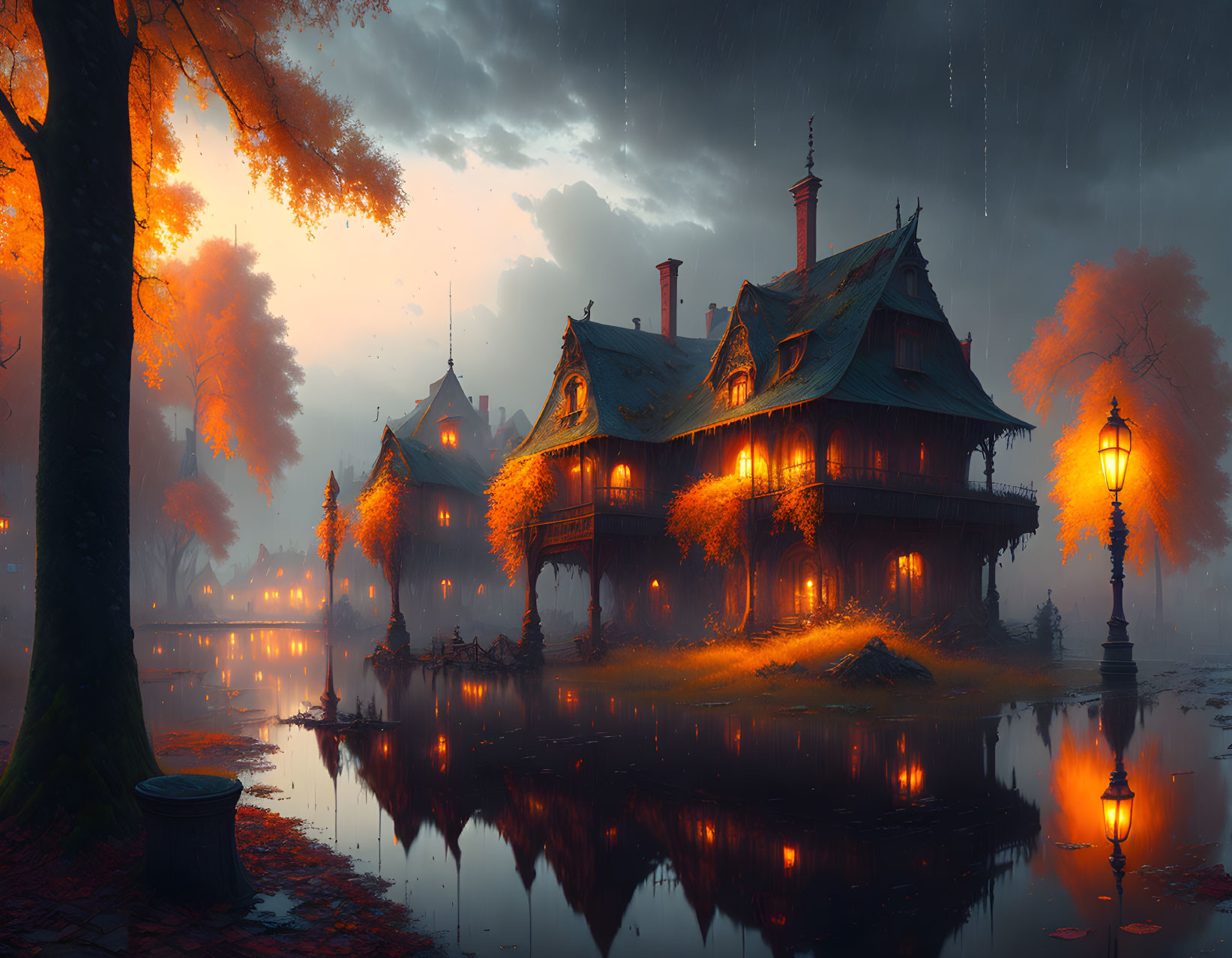 Victorian-style mansion at twilight by reflective lake with autumn trees and stormy sky.