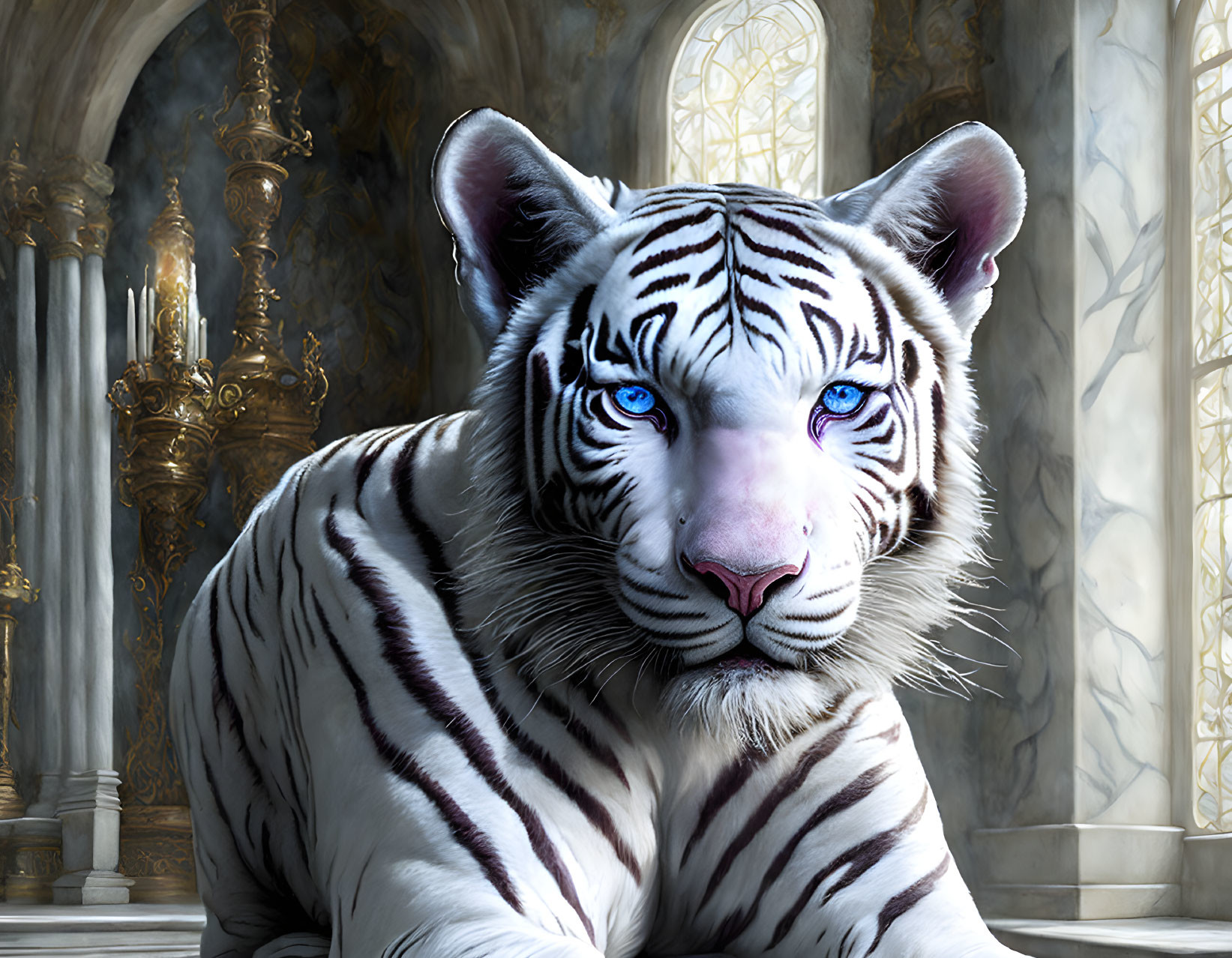 White Tiger with Blue Eyes in Ornate Room with Stone Arches