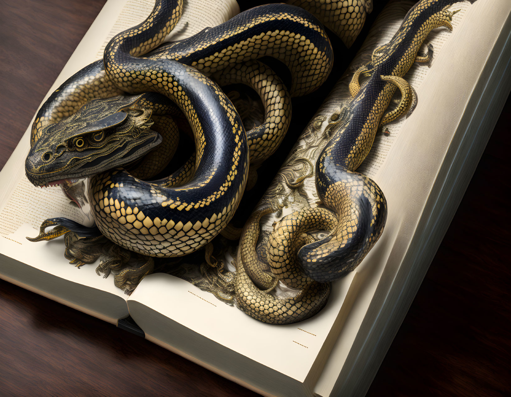 Detailed Realistic Rendering of Large Coiled Snake on Open Book