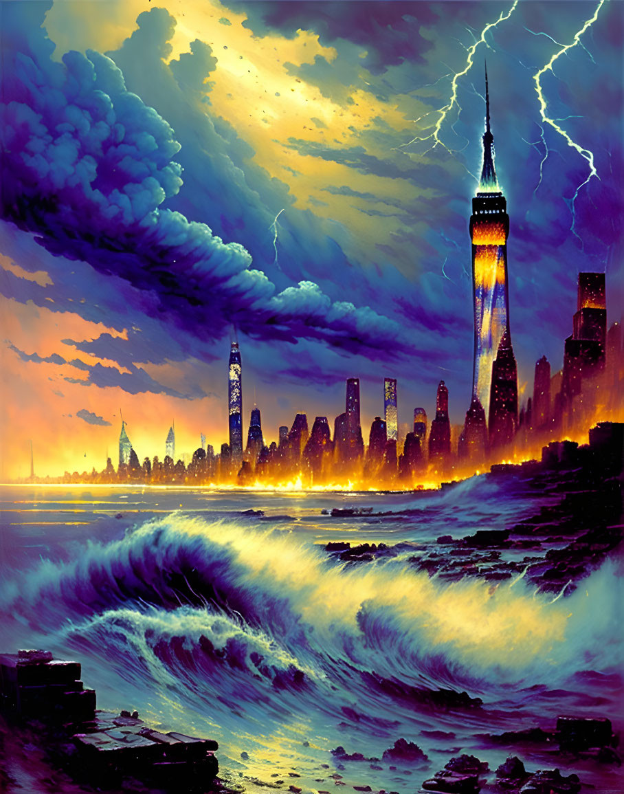 Stormy Apocalyptic Cityscape with Lightning and Tumultuous Waves