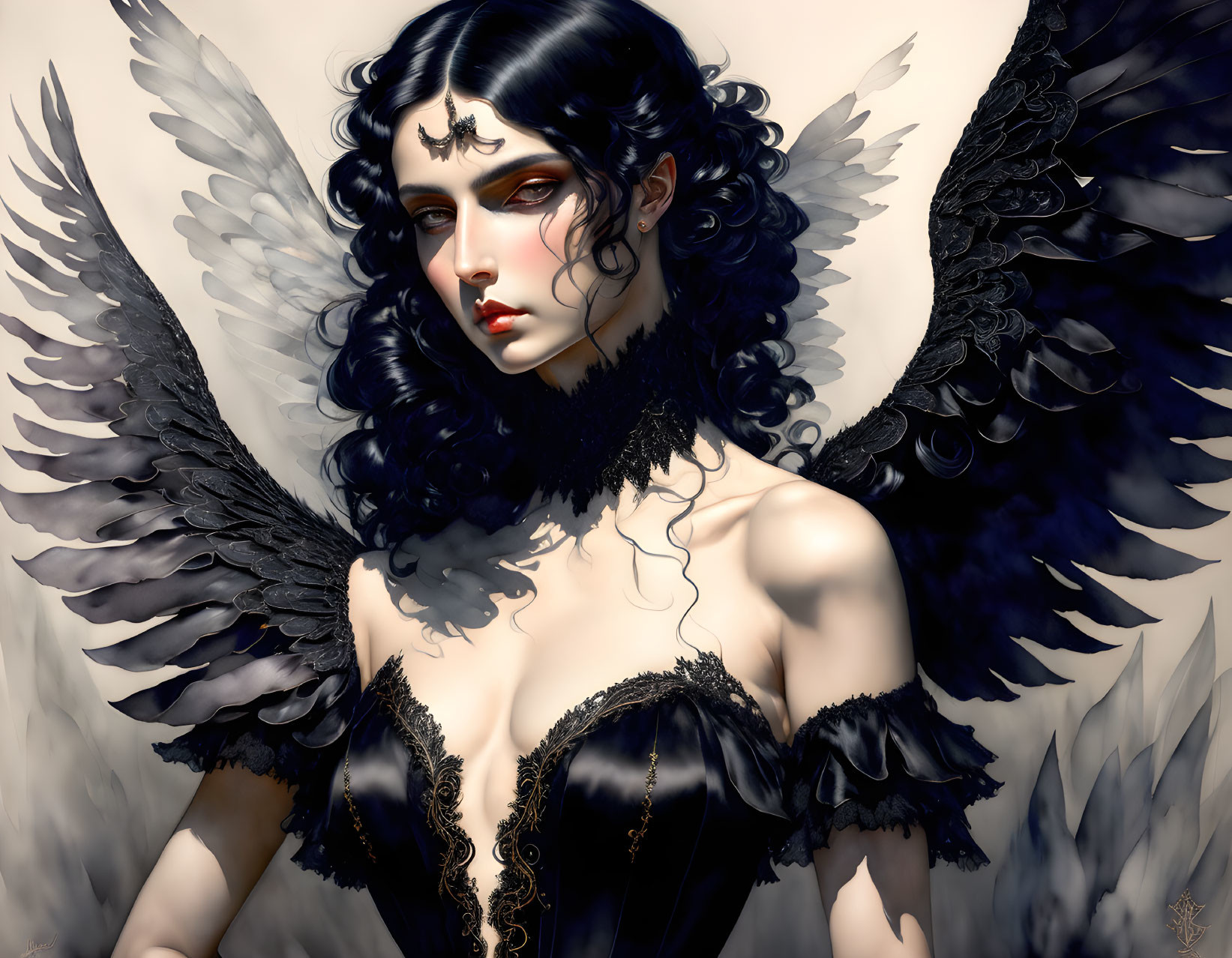 Dark-winged fantasy gothic angel with pale skin and curly hair