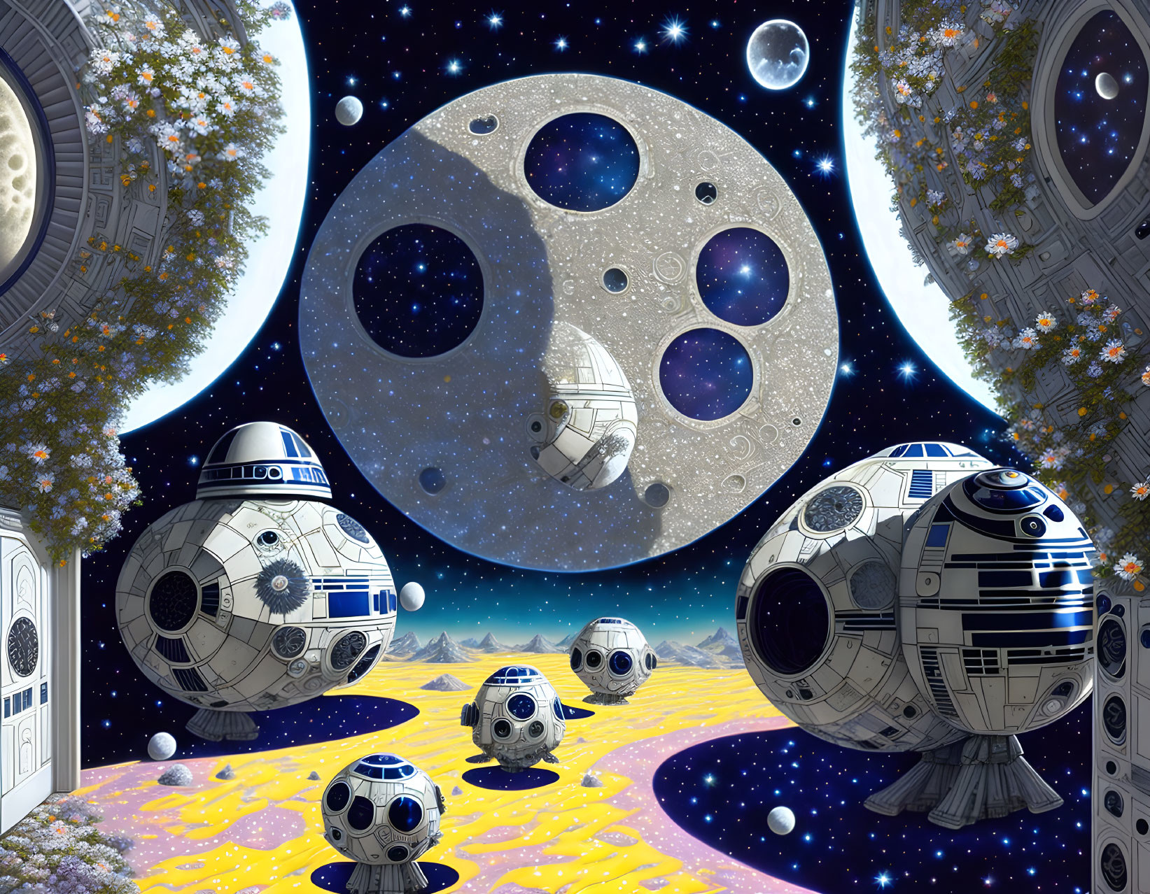 Surreal landscape with robotic spheres, moons, planets, and circular gateways