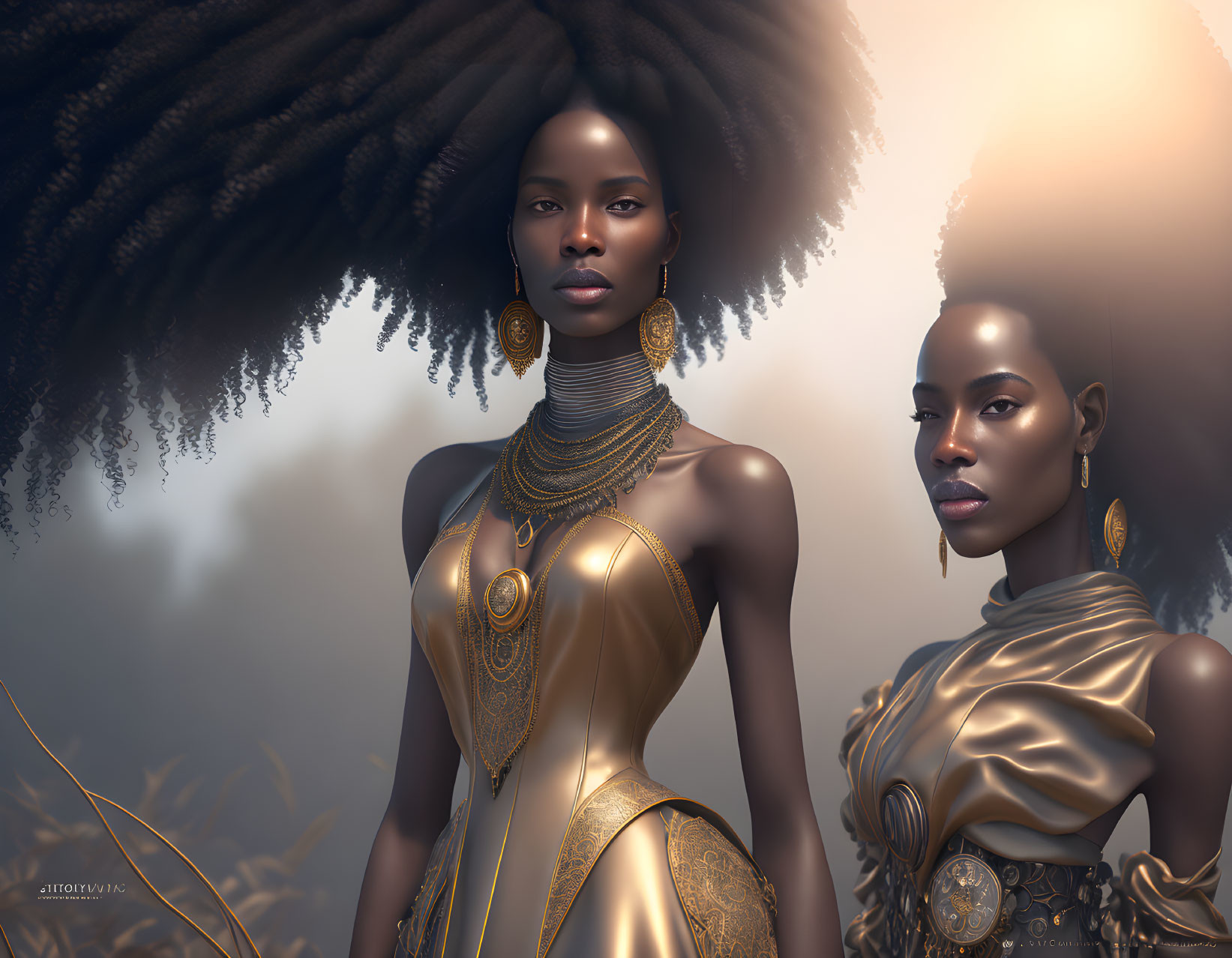 Stylized afro-haired women in golden attire on misty backdrop