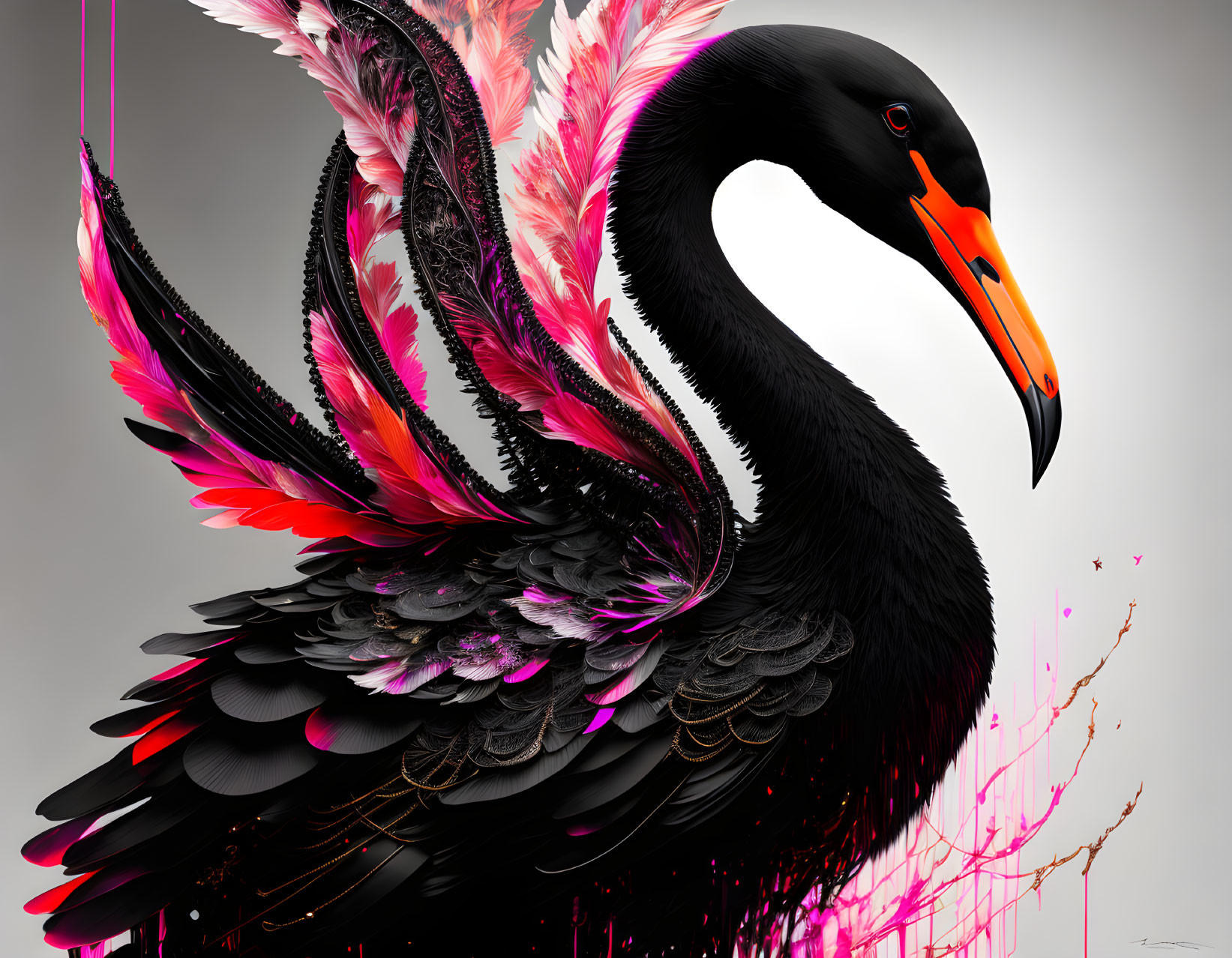 Vibrant black swan digital artwork with pink and white accents