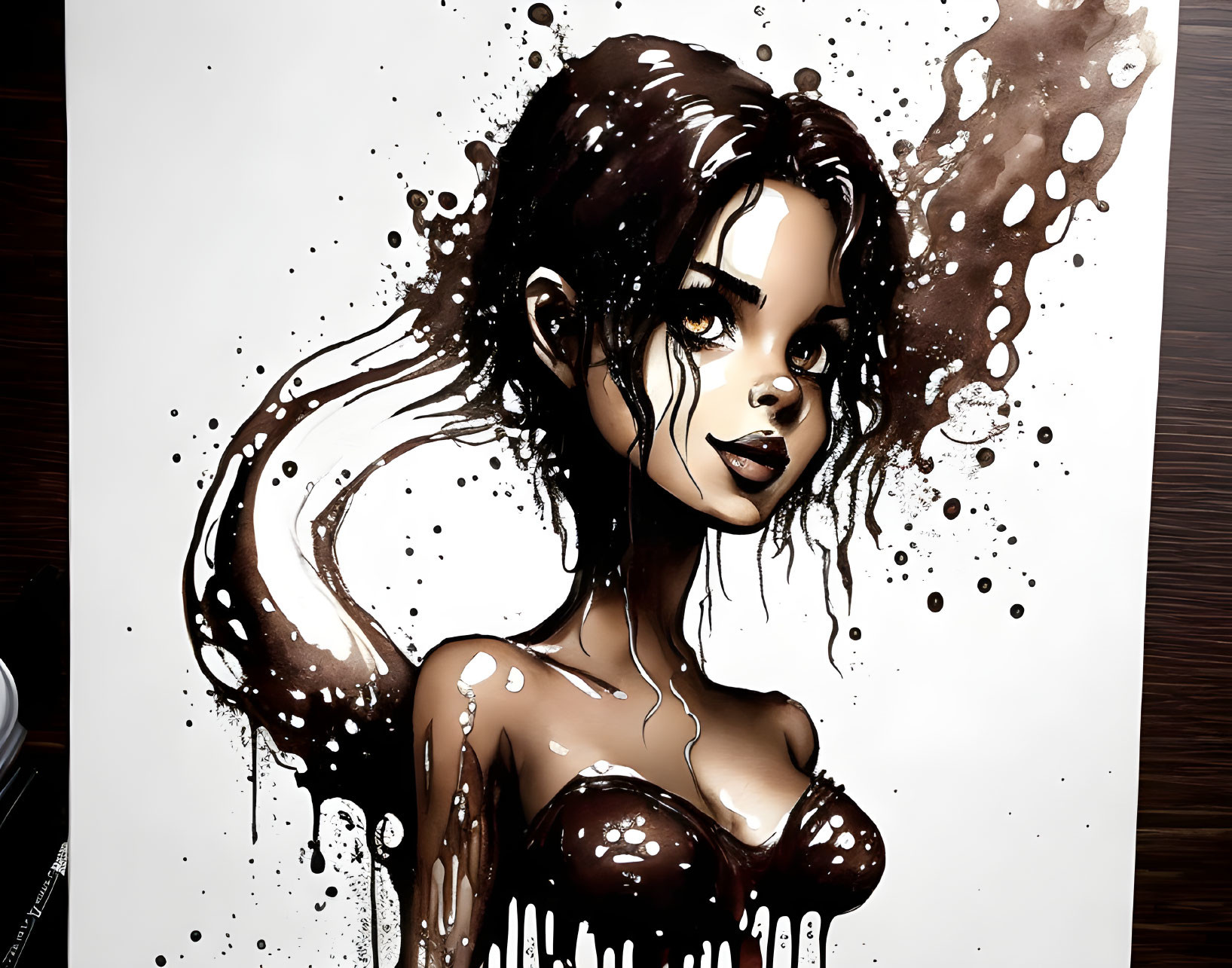 Dark-haired woman in artistic illustration with splash effects on white background