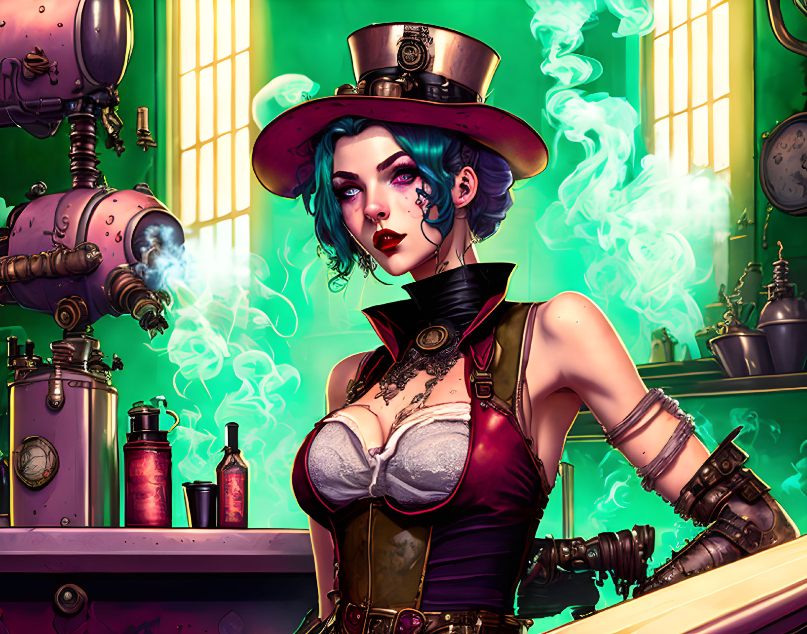 Steampunk-themed woman with blue hair, top hat, and Victorian attire surrounded by gears and sm