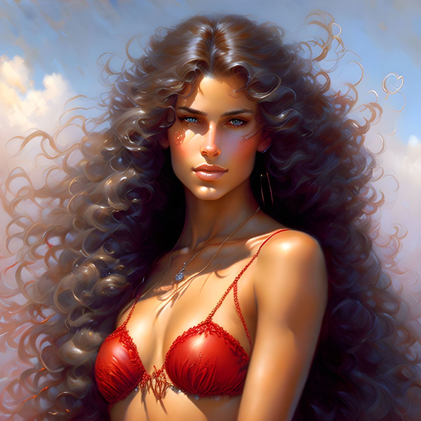 Woman with Curly Hair in Red Bikini Top Under Sunlit Sky