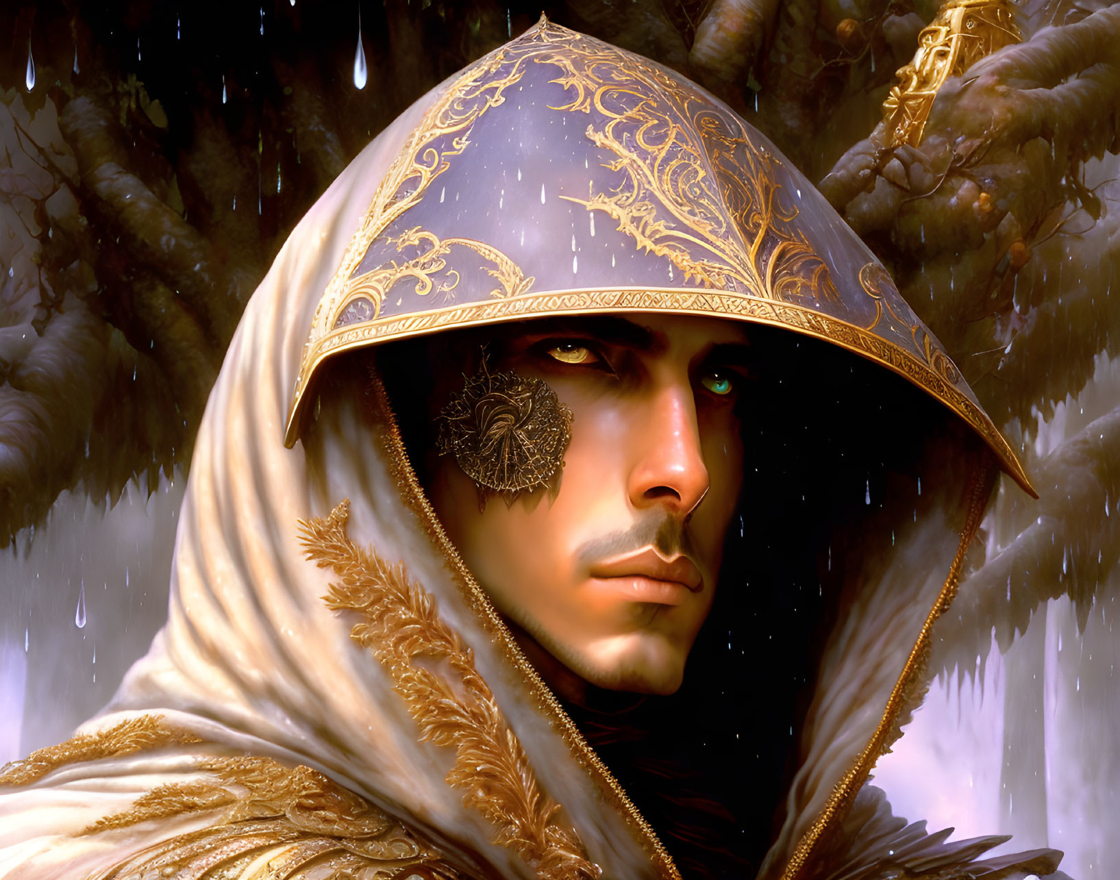 Digital portrait of person in golden helmet and cloak under light rain