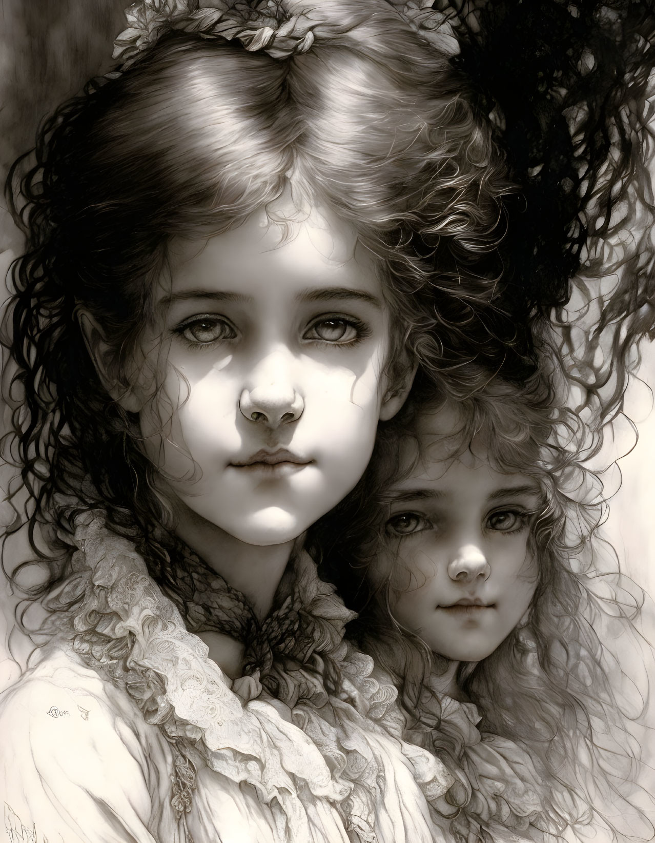 Two young girls in vintage dresses with curly hair, one clear and the other obscured.