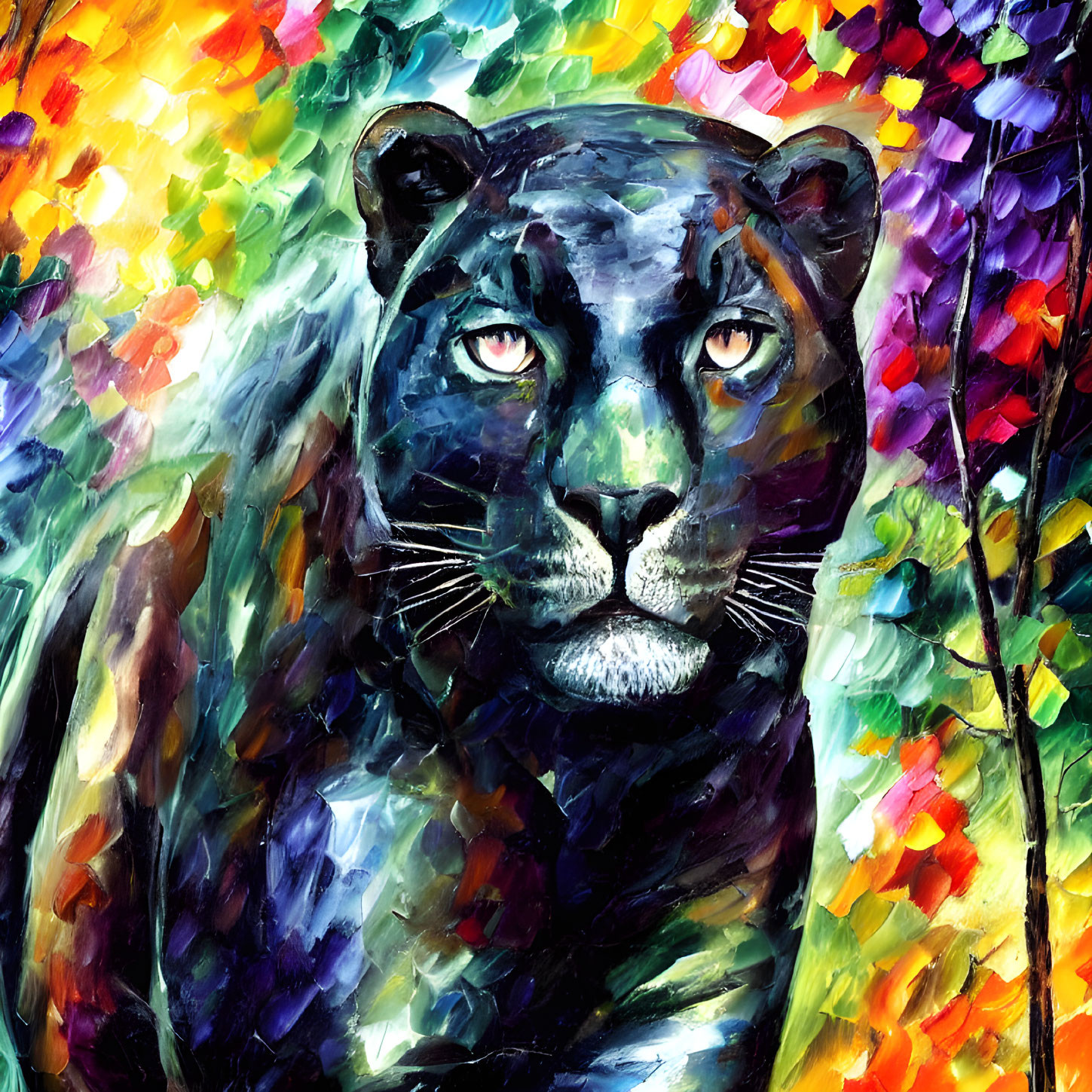 Colorful Painting: Black Panther with Blue Eyes in Vibrant Foliage