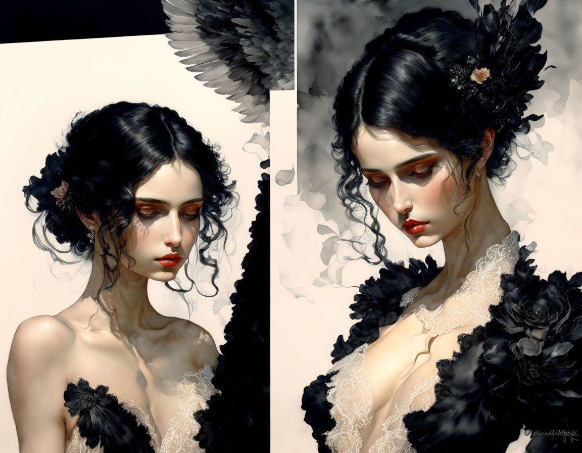 Woman with black angel wings and flowers in hair in somber gaze