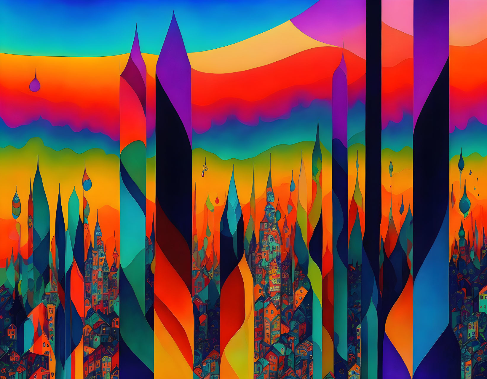 Colorful Abstract Landscape with Stylized Towers and Whimsical Structures