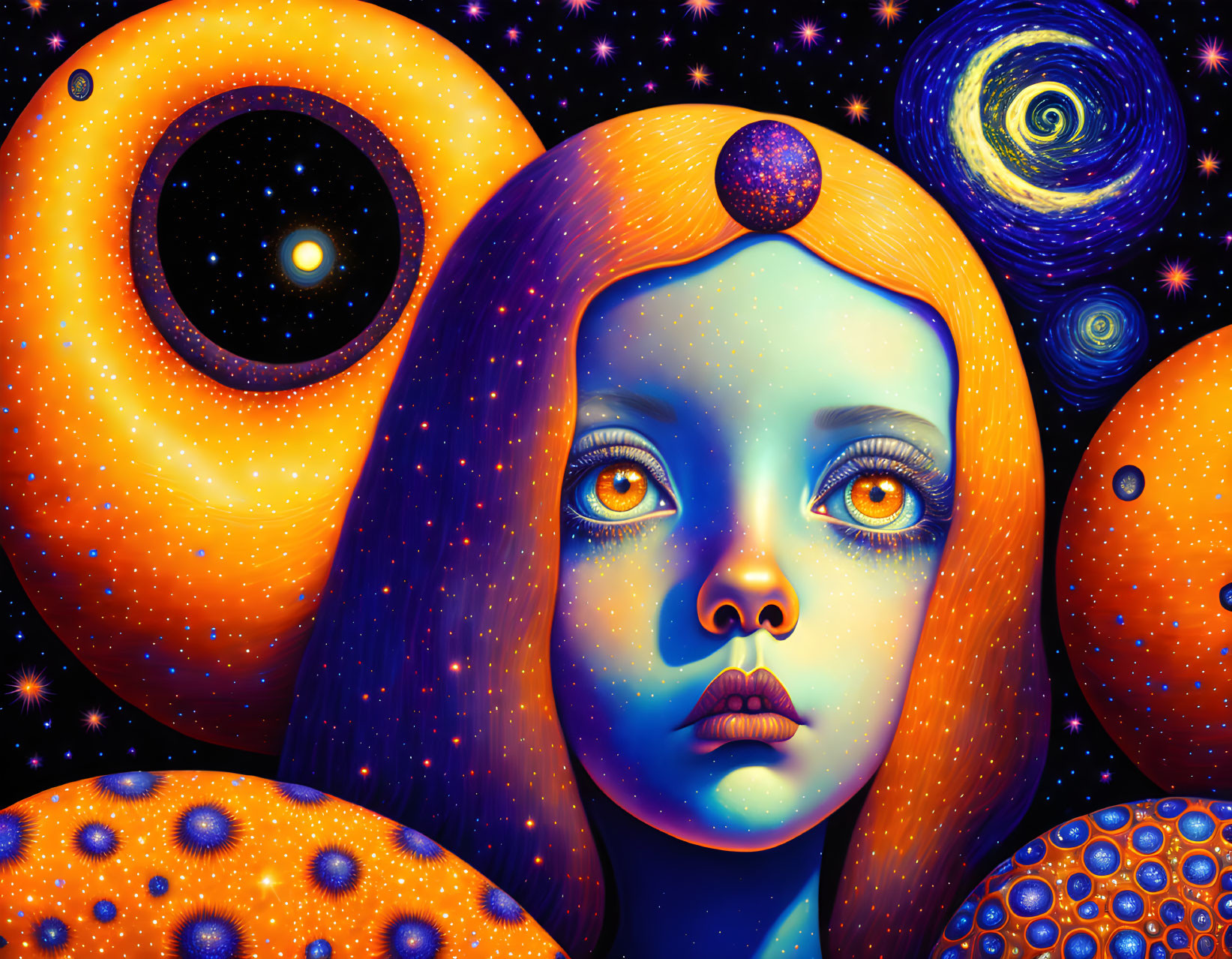 Vibrant cosmic illustration of a blue-skinned woman amidst celestial backdrop