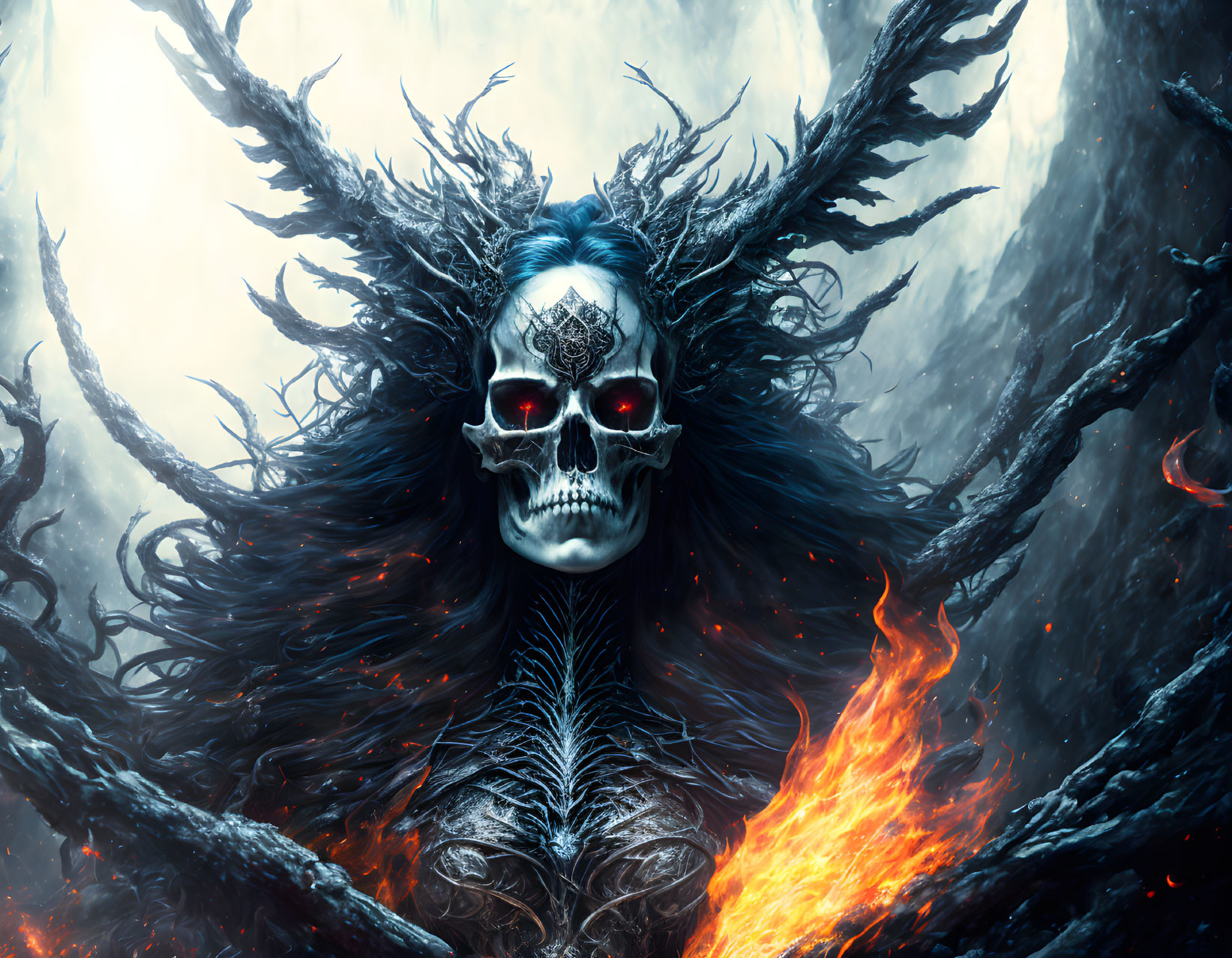 Fantasy skull with horns and red eyes in fiery landscape