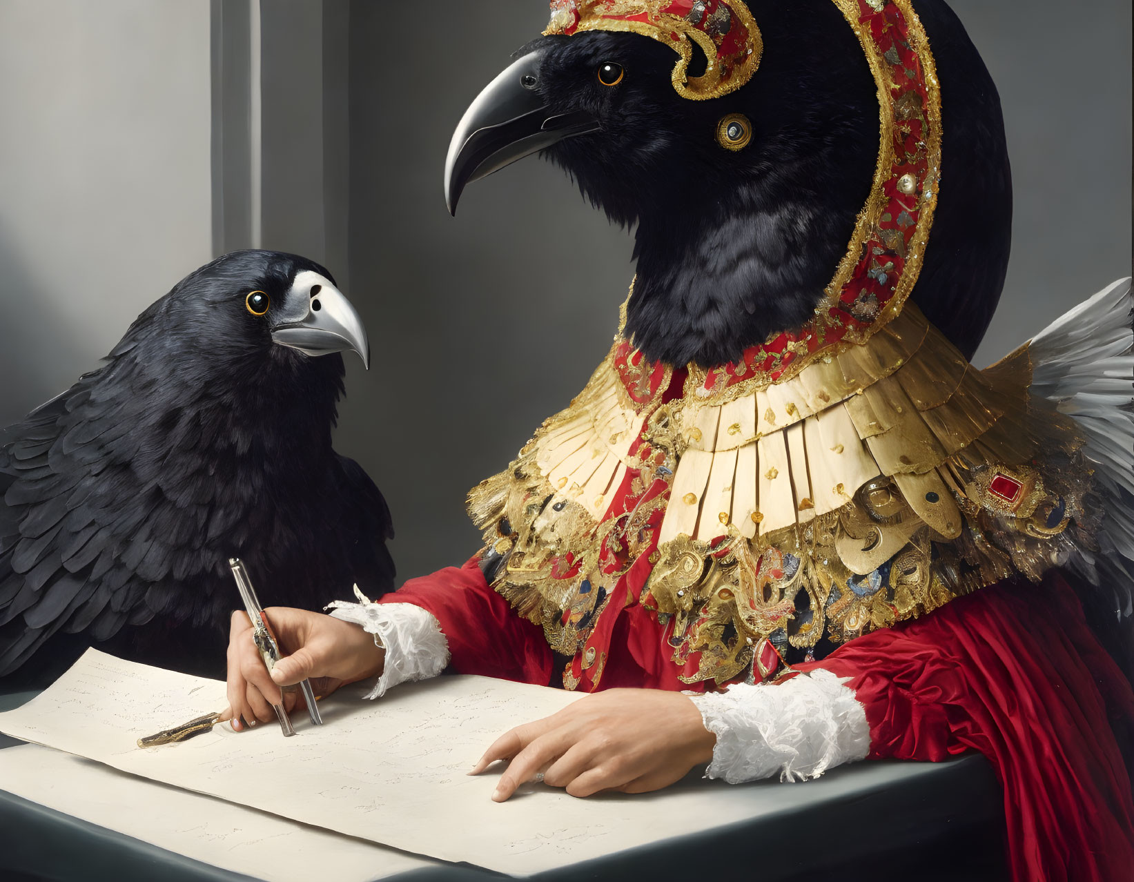 Anthropomorphic raven in renaissance-style outfit writing with quill