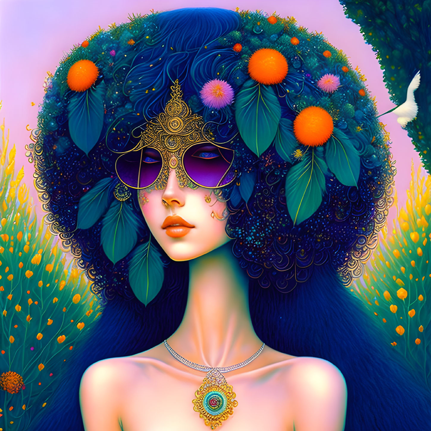 Vibrant illustration: Woman with blue hair, gold mask, and floral backdrop