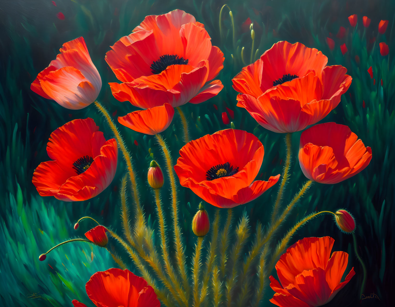 Bright Red Poppies in Lush Green Field with Sunlit Details