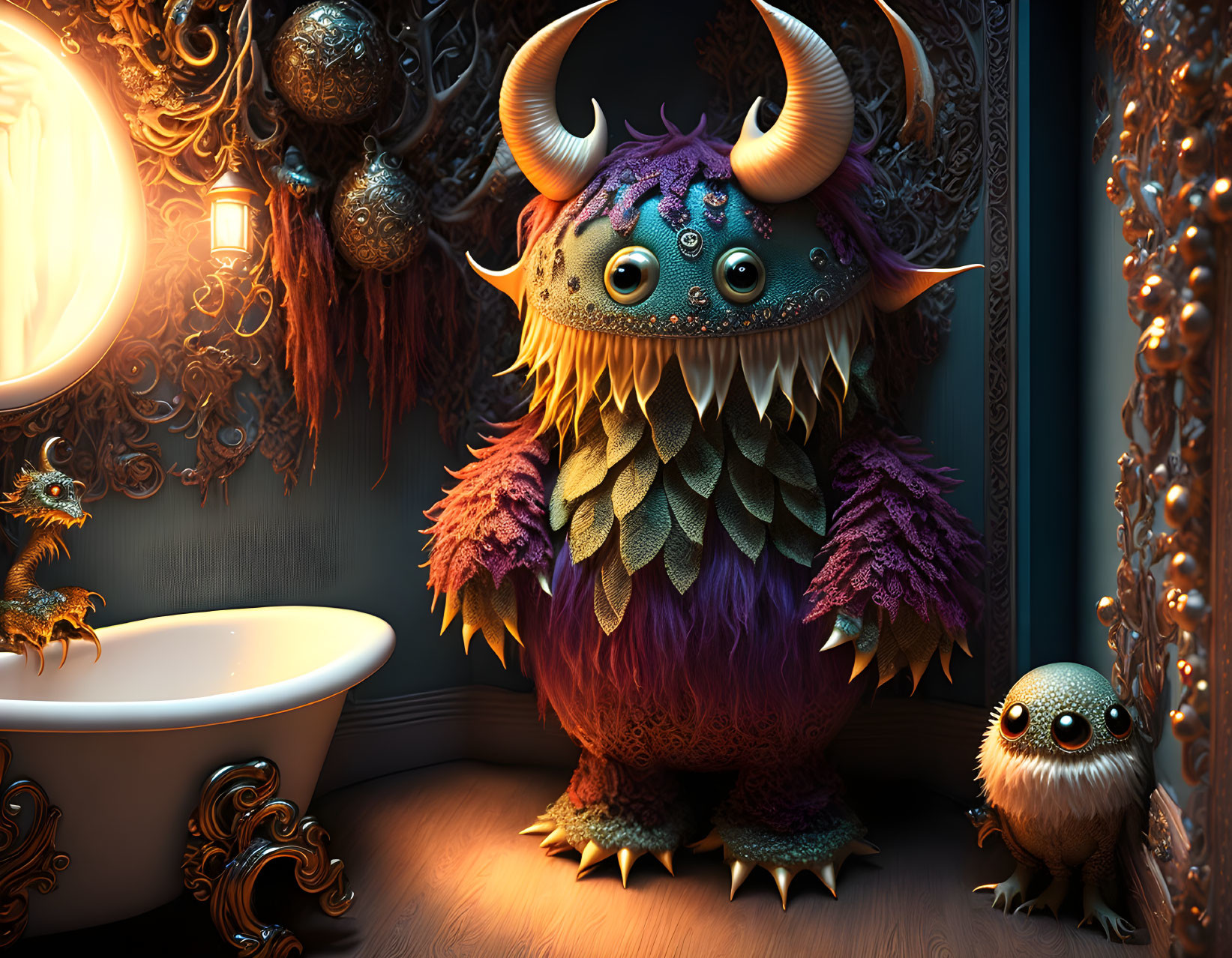 Colorful Feathered Monster in Victorian-Style Bathroom