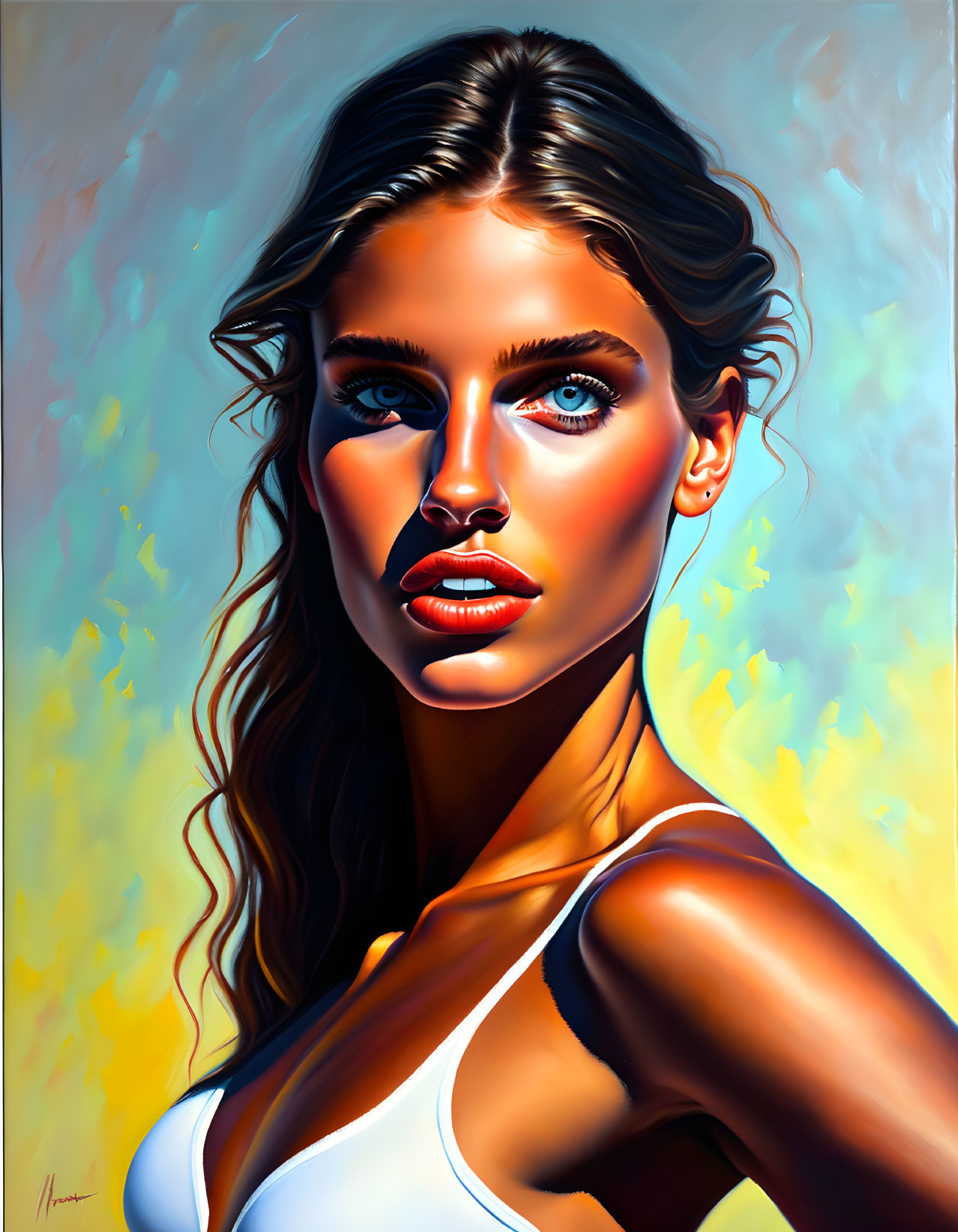 Vibrant digital portrait: woman with blue eyes & wavy hair