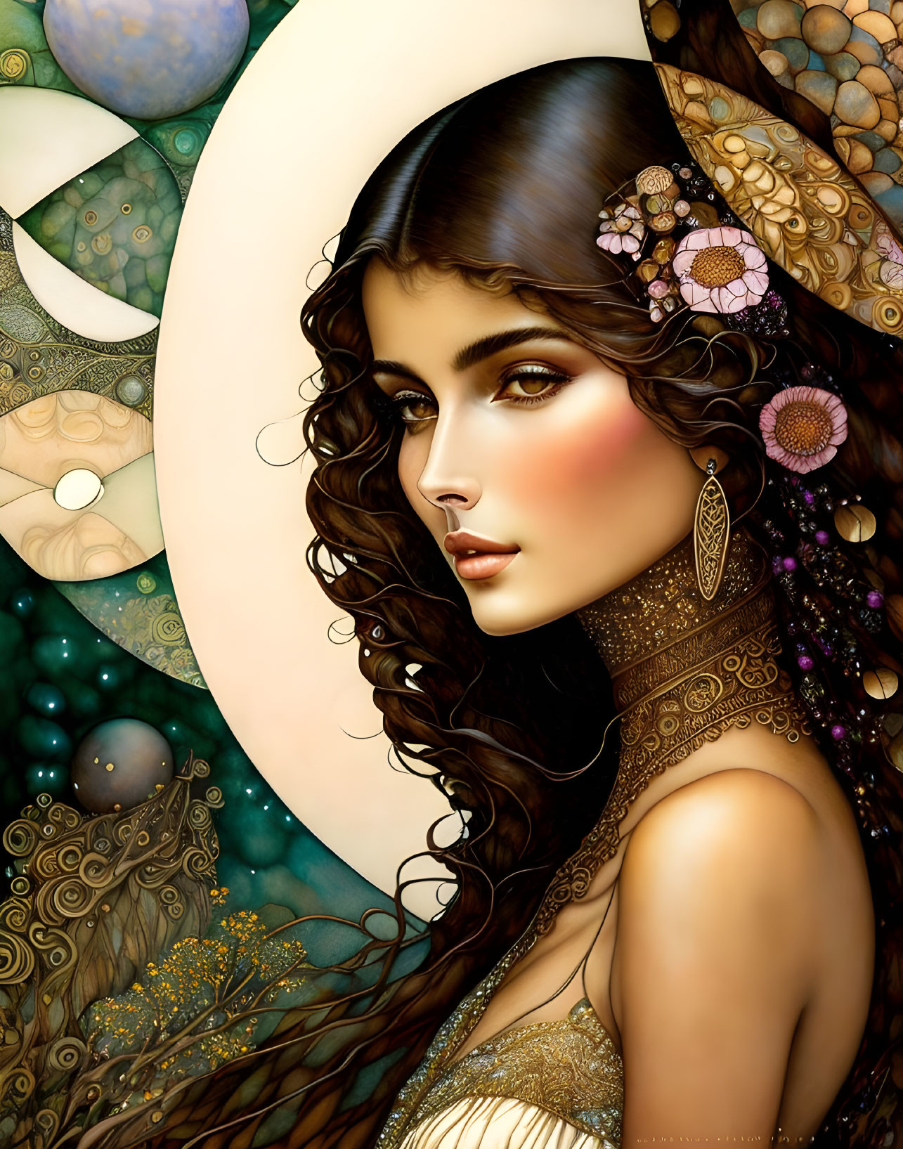 Illustrated portrait of woman with long wavy hair and golden jewelry against celestial and floral backdrop