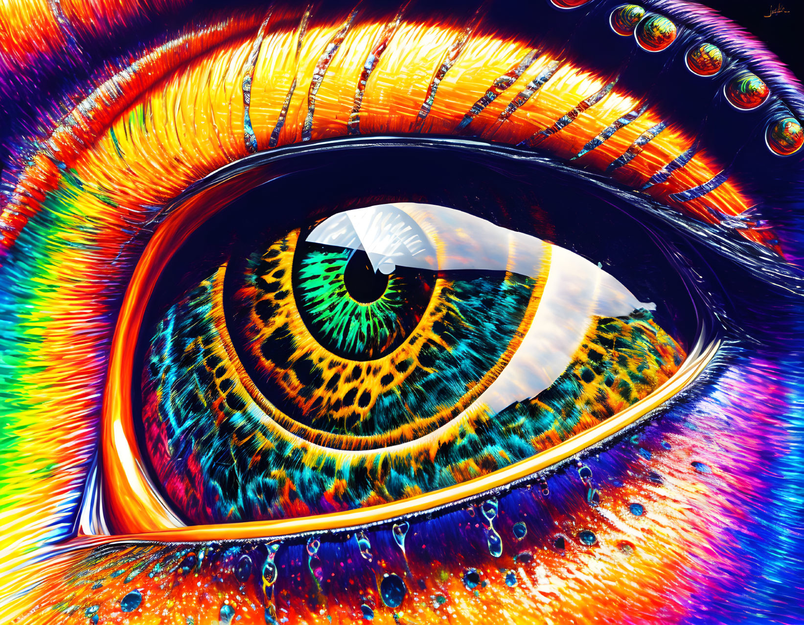 Close-up of vibrant, colorful human eye with rainbow-hued iris